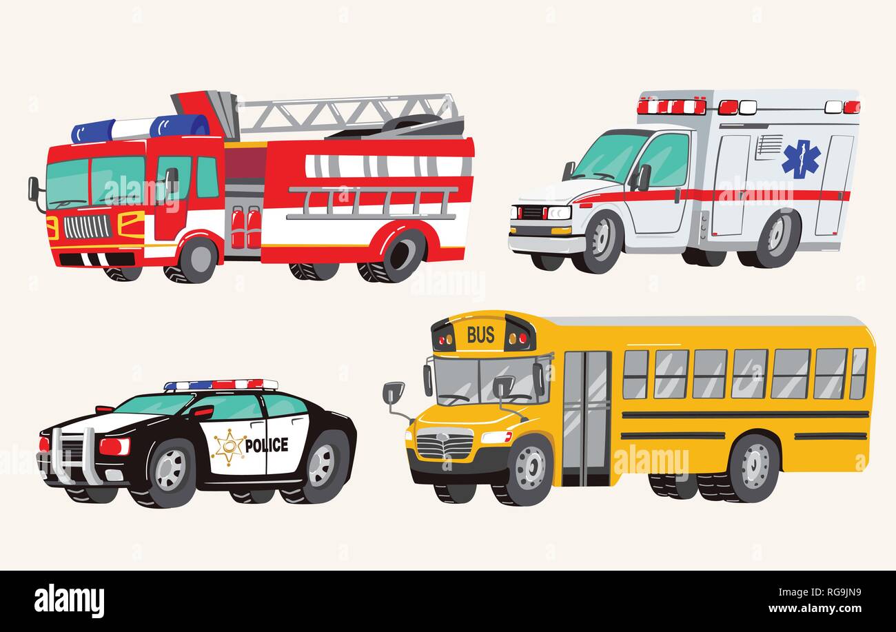 Set of Toy social Vehicles. Special Machines, police car, fire truck, ambulance, school bus, city bus. Toy Cars. Vector Illustration. Stock Vector