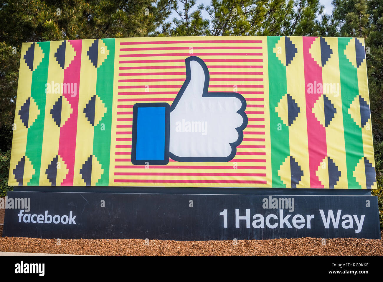 February 20, 2018 Menlo Park / CA / USA - Facebook corporate headquarters campus sign in Silicon Valley supporting black history month, San Francisco  Stock Photo