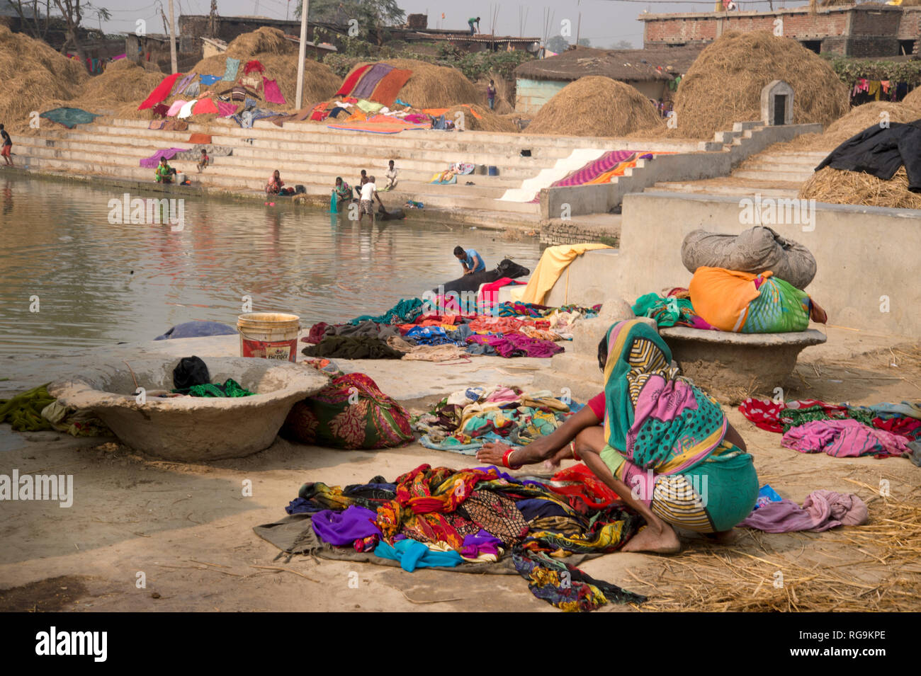 India. Bihar . Katari Middle village. Washing; laundry; work; Stock Photo