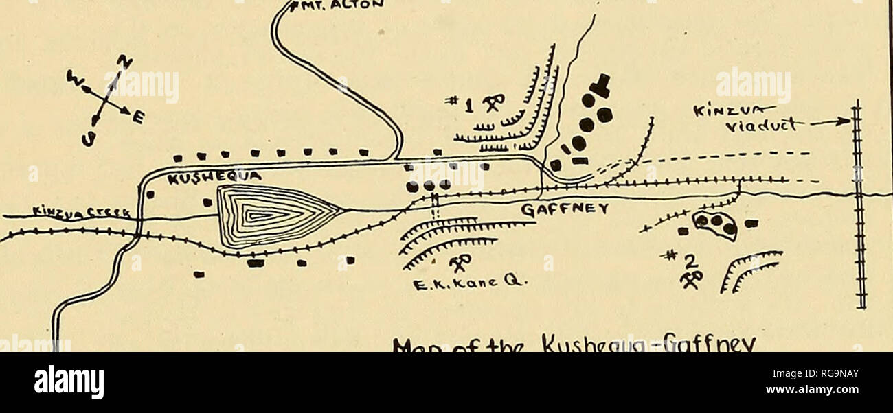 . Bulletins of American paleontology. 107 Bulletin 71 107 2. Kushequa (or Gaffney, as the quarry locality is called) on Kinzua Creek, just west of the Kinzua bridge, in the Kane brick and tile quarries, the locality of which is shown on the sketch map below.. Z.V= ACT ^fF Napof-Vhc Kushequa-Qaffney 5hac Quarries Fig. 9.—Sketch map of the quarries in the Kushequa shale at Kushequa and Gaffney, on Kinzua Creek, McKean County, Pennsylvania. Kushequa Quarry Section The composite section of the exposure of Kushequa shale and Marvin Creek limestone at the E. K. Kane and Kushequa Brick and Tile quar Stock Photo