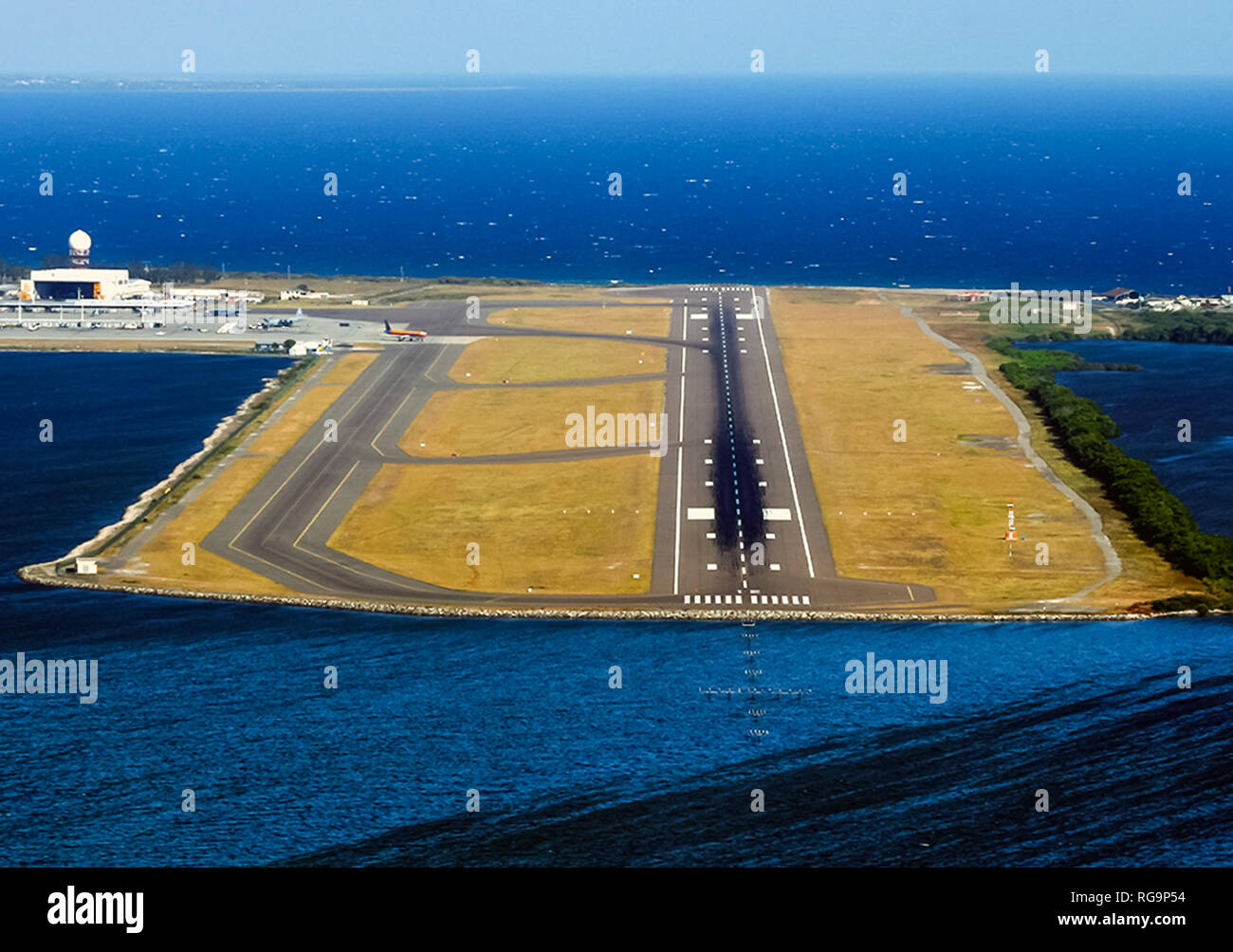 Airport on the island, landing strip on the island. Stock Photo