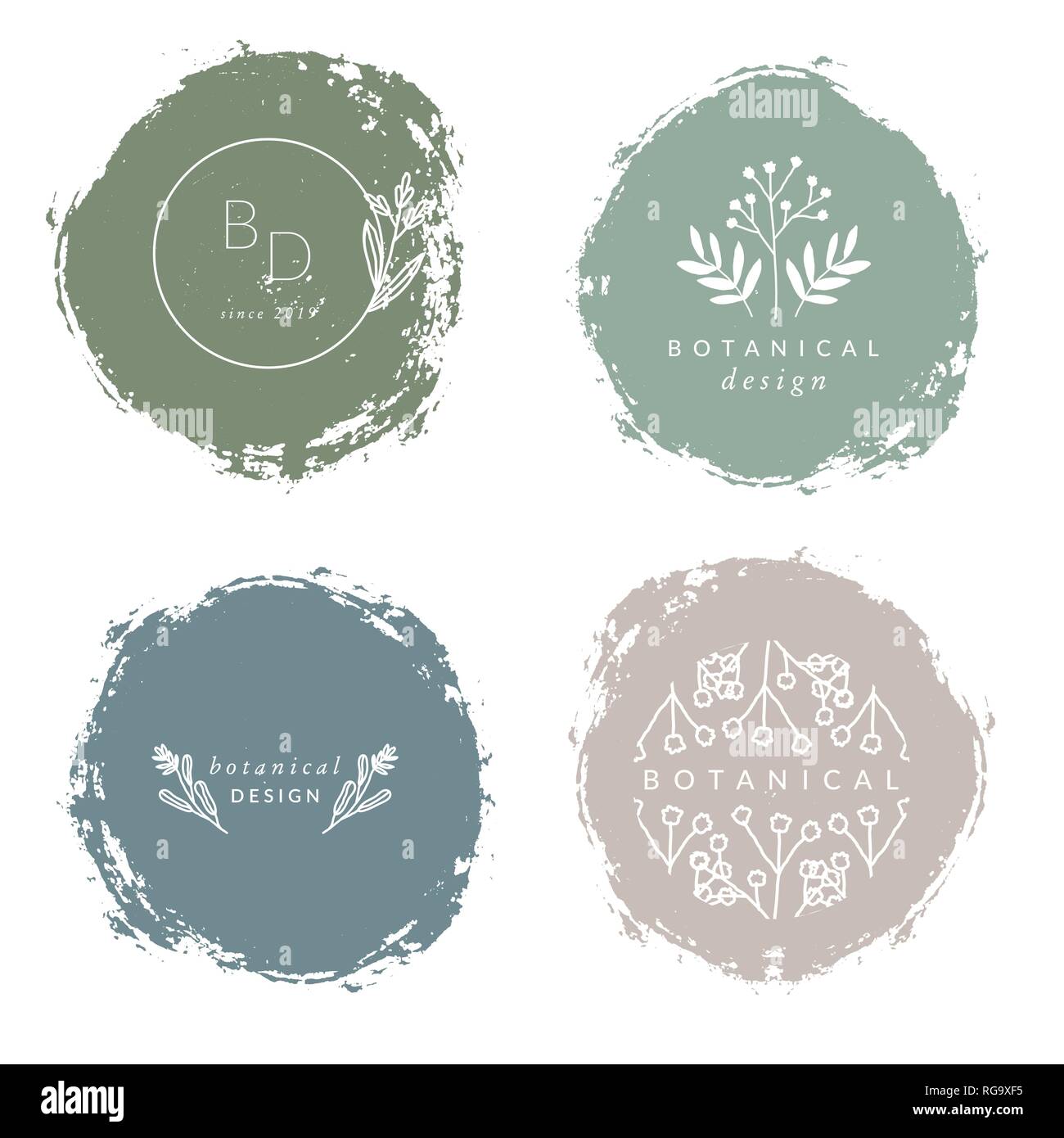 A set of four modern and elegant botanical logo designs in pastel green,  beige, blue and white. Minimalist nature inspired vector illustration and  han Stock Vector Image & Art - Alamy
