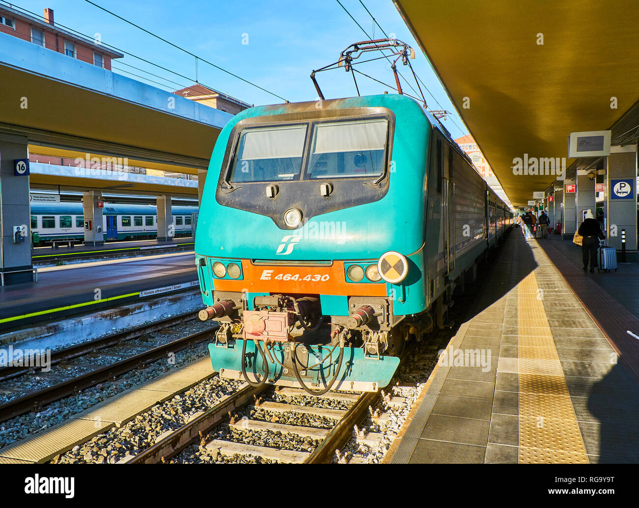 Turin, Italy - December 30, 2018. A train of Trenitalia in an Italian train station. Turin, Piedmont, Italy. Stock Photo