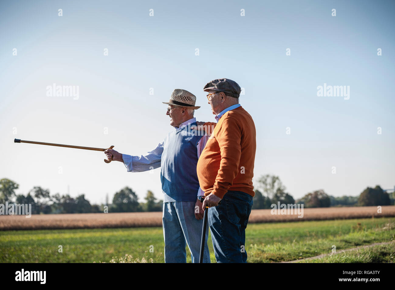 Two old friends standing in the fields, pointing with walking stick Stock Photo