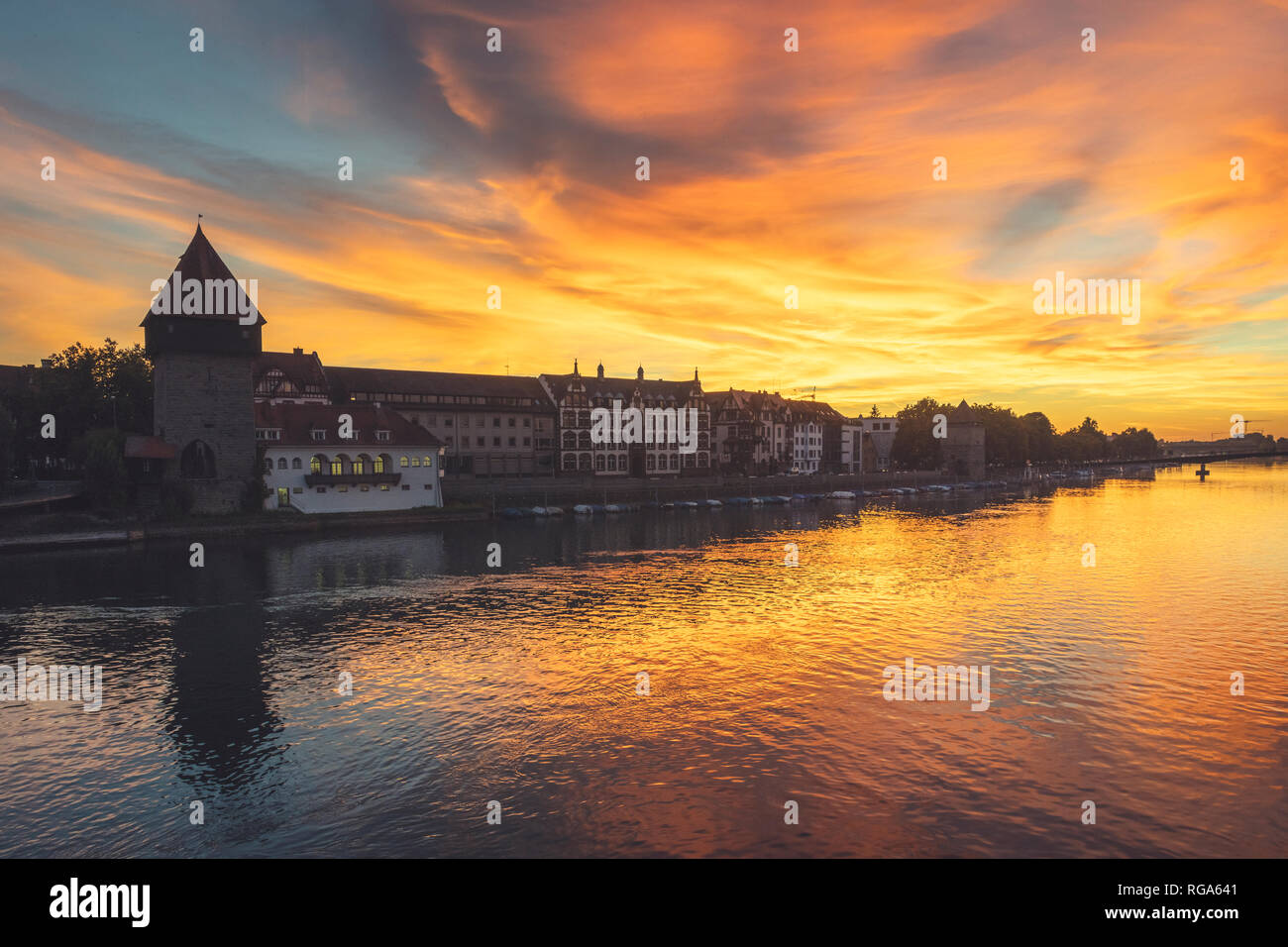 Germany, Baden-Wuerttemberg, Constance, Lake Rhine, Rheintor tower at sunset Stock Photo
