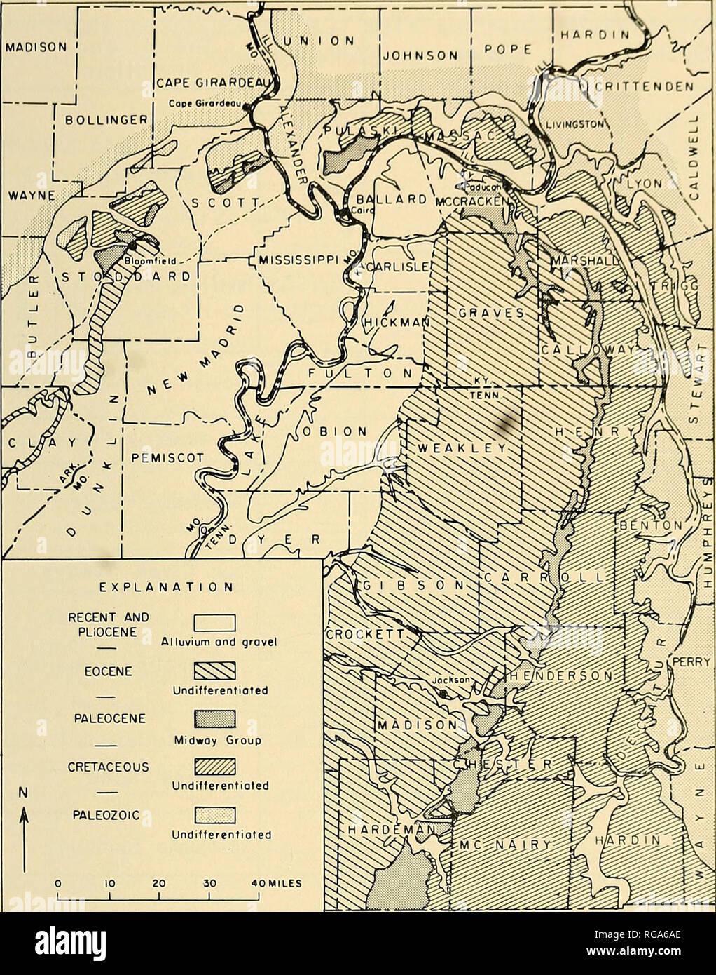 . Bulletins of American paleontology. Paleocene Forams Kentucky: Browne and Herrick 249. MADISON &gt; PALEOCENE j  Midwoy Group CRETACEOUS N PALEOZOIC 10 20 30 40MILES  l I I Figure I.— Map of the upper part of the Mississippi Embayment showing the outcrops of Eocene and Paleocene (modified from Cooper, 1944). pattern of Tertiary and Cretaceous formations in the upper part of the Mississippi Embayment. The accompanying chart (Pryor and Glass, 1961, fig. 2) indicates the correlation of these formations in the same area.. Please note that these images are extracted from scanned page images that Stock Photo