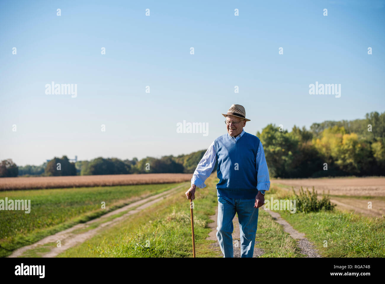 Senior man with a walking stick, walking in the fields Stock Photo