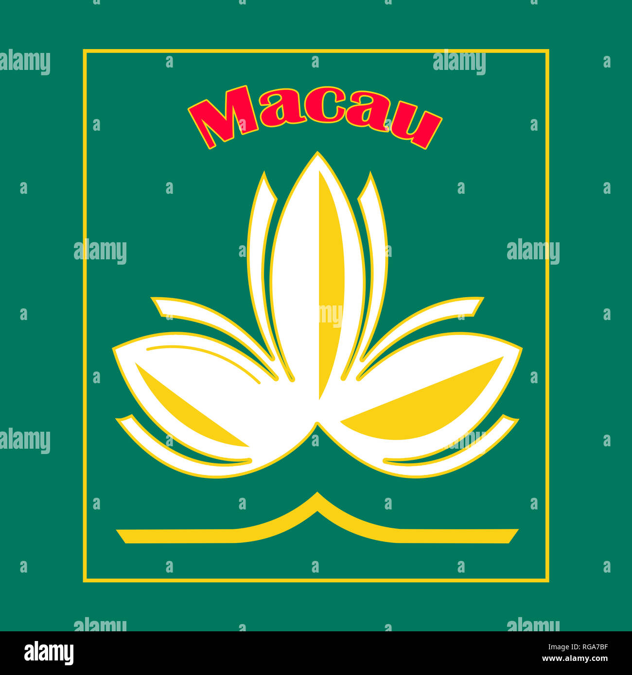 Lotus flower and red Macau inscription. Idea for the fridge souvenir magnet, stamp or sticker label Stock Photo