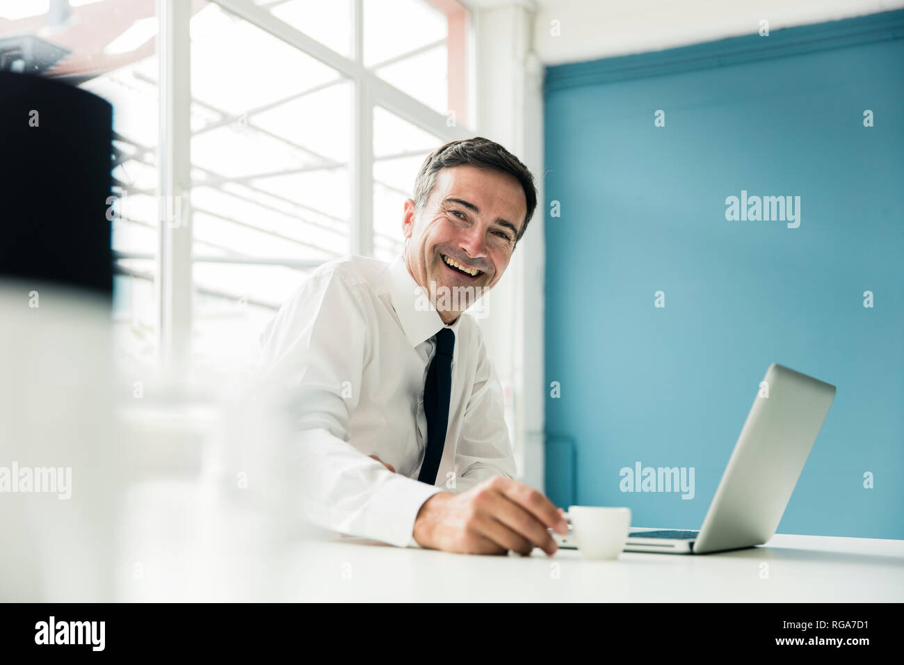 Portrait of laughing businessman with laptop on table in office Stock ...