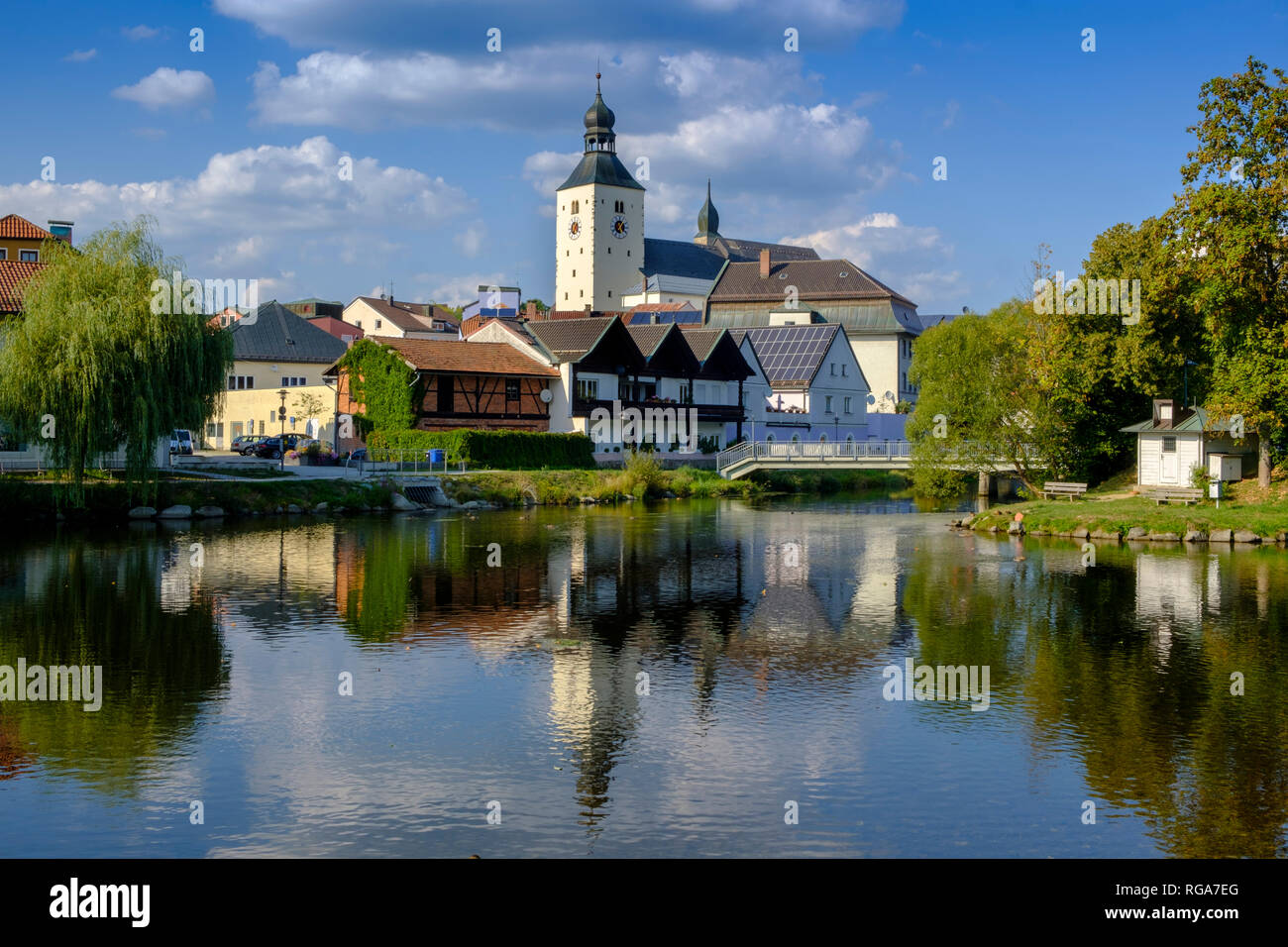 Germany, Lower Bavaria, Regen, cityview and Regen river, St Michael's Church Stock Photo