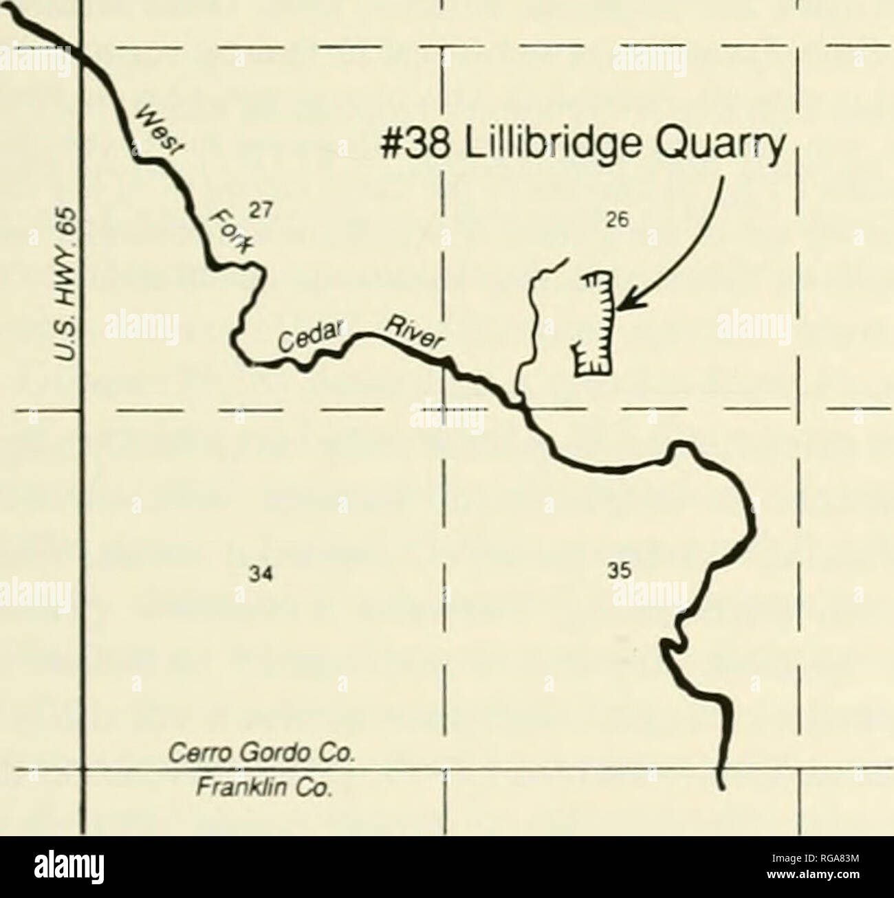 . Bulletins of American paleontology. Exposures - Owen Mbr. Lime Creek Fm. Sheffield 7 1/2 Min. Quad. &quot;1 #38 Lillibridge Quarry. Text-figure 25.—Exposures of Ihe Owen Member of the Lime Creek Formation in the Rockwell area, north of Sheffield. Iowa, in southernmost Cerro Gordo County. Exact geographic localities are shown: additional data is in the Appendix. Iowa City (SUI). Specimen.s from Webster's private collection and some types from the present study are deposited at the Natural History Museum of the Smith- sonian Institution in Washington. D.C. These have numbers referring to the U Stock Photo