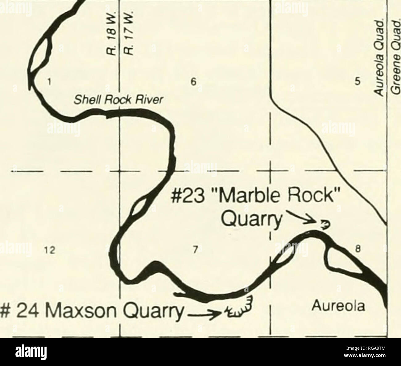 . Bulletins of American paleontology. Text-figure 8.—Exposures of the entire Mason City Member at Cooper's Bend (Locality 19. Appendix). The massive dolomites forming the shelf at the base of the sequence are underlying Cedar Valley beds, with 1.3 m (4 ft) of Mason City divided into lower shaley. rubbly coral- bearing limestones and upper more massive unit, in turn overlain by slope-forming shaley beds of the Rock Grove Member under trees. Photograph taken in June. 1986.. I Exposure - Shell Rock Fm. Aureola 7 1/2 Min. Quad. 1 Mile Text-figure 9.—Exposures of the Shell Rock Formation along the  Stock Photo