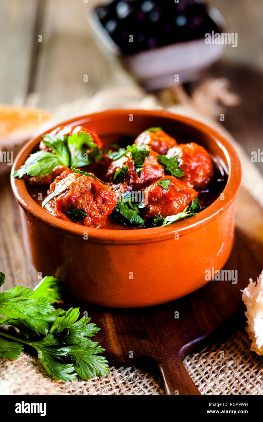Spanish Albondingas, meatballs in spicy tomato sauce Stock Photo Alamy