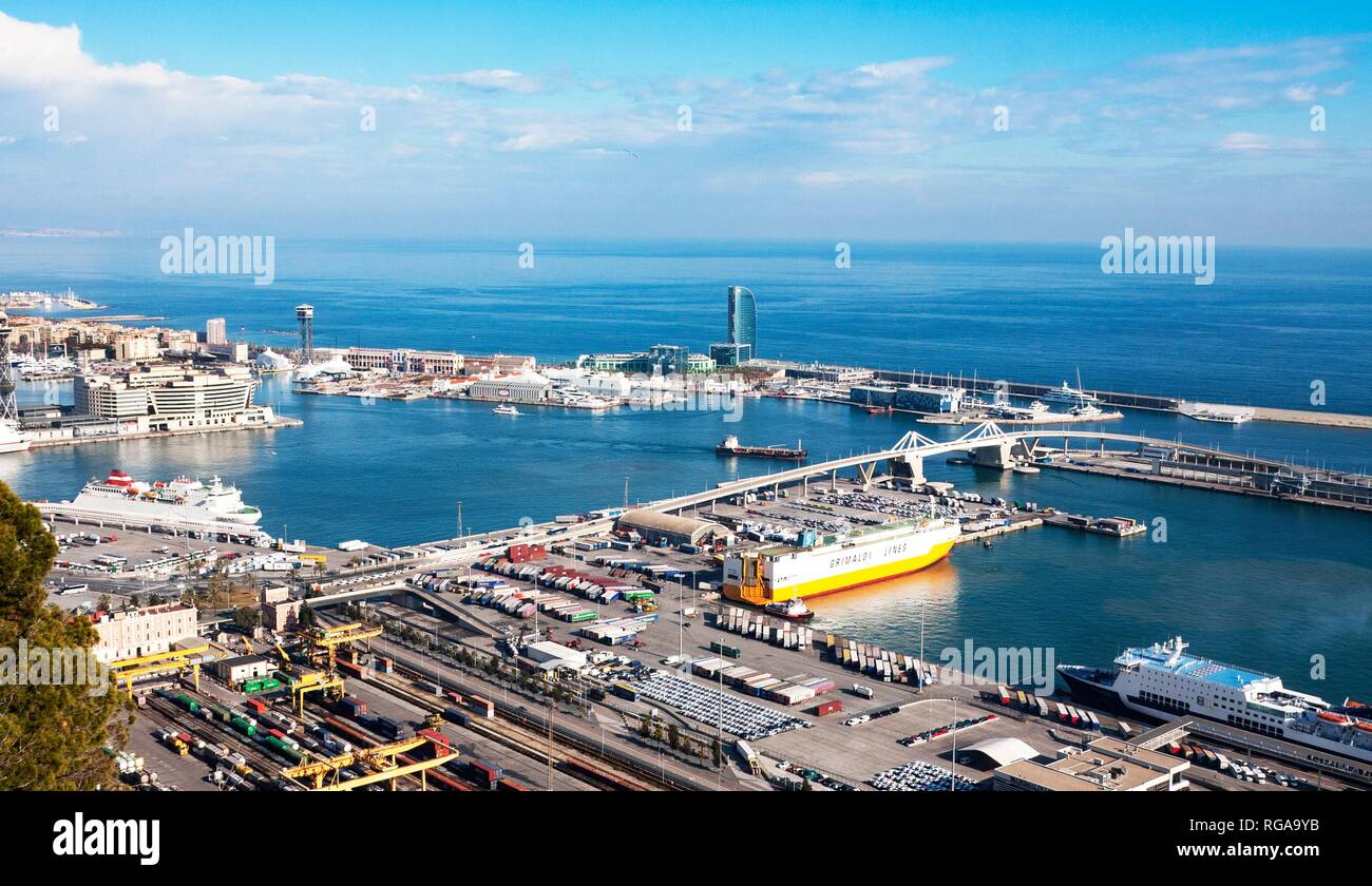 Barcelona, Spain - January 21, 2019: View from Montjuic Castle of Barcelona industrial port docked with ships Stock Photo