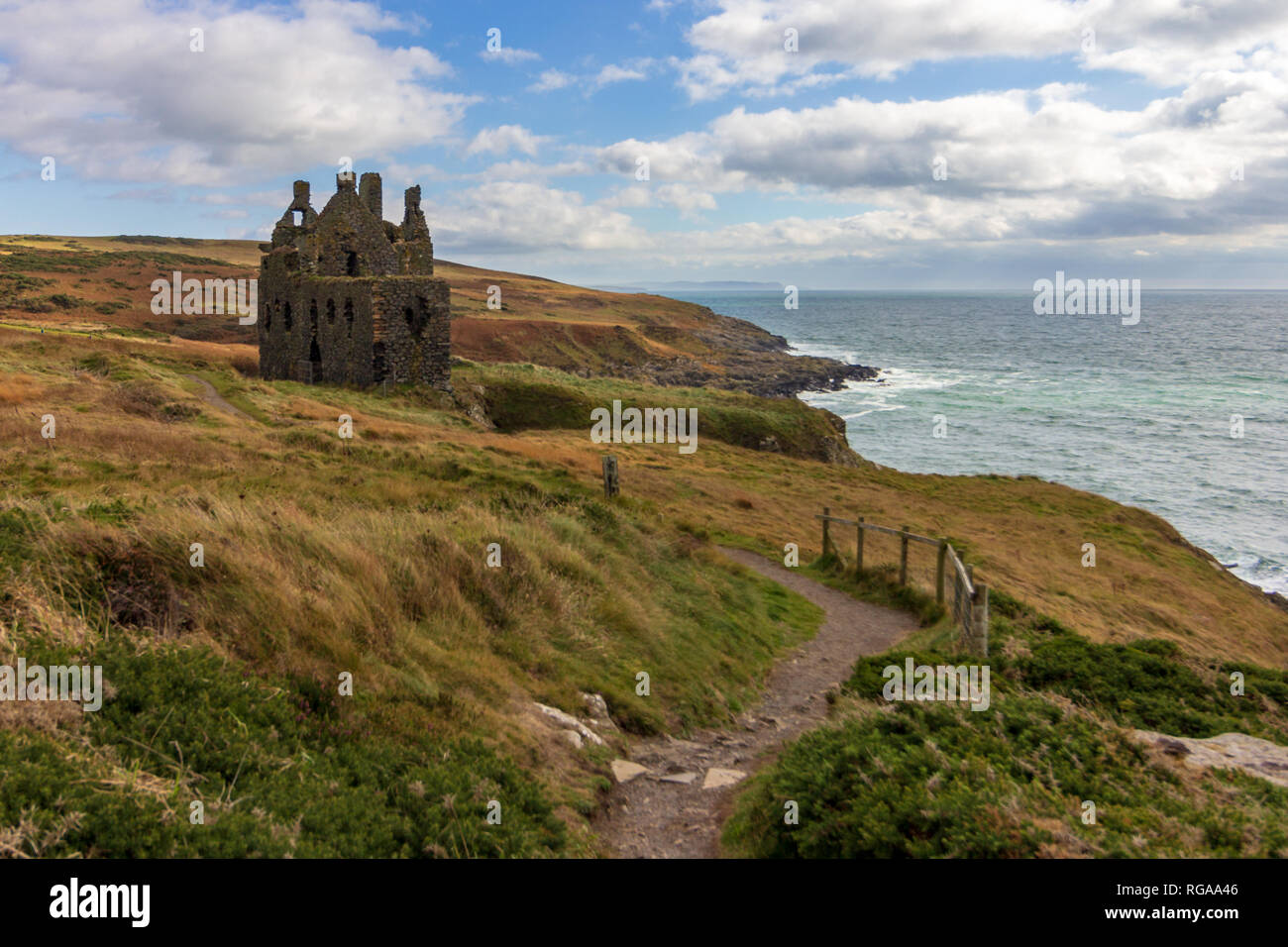 Portpatrick Cliffs Dunskey Castle perched on a cliff overlooking the sea near Portpatrick ...