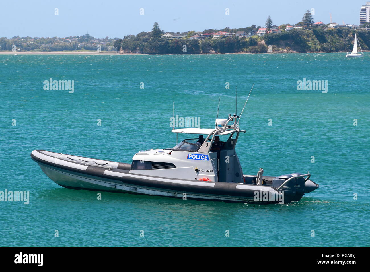 Police rigid-hull inflatable boat in Auckland harbour, New Zealand Stock Photo