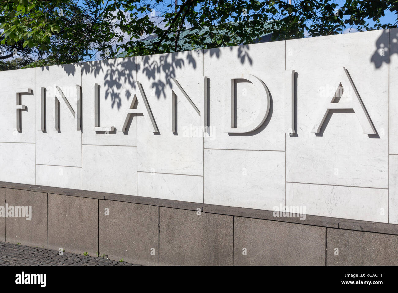 Finlandia text in the street in the city of Helsinki Stock Photo