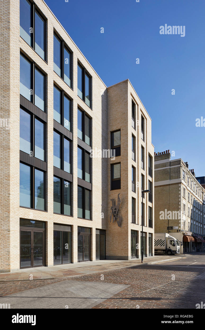 Oblique view of building facade. Paul Street, London, United Kingdom. Architect: Stiff + Trevillion Architects, 2018. Stock Photo