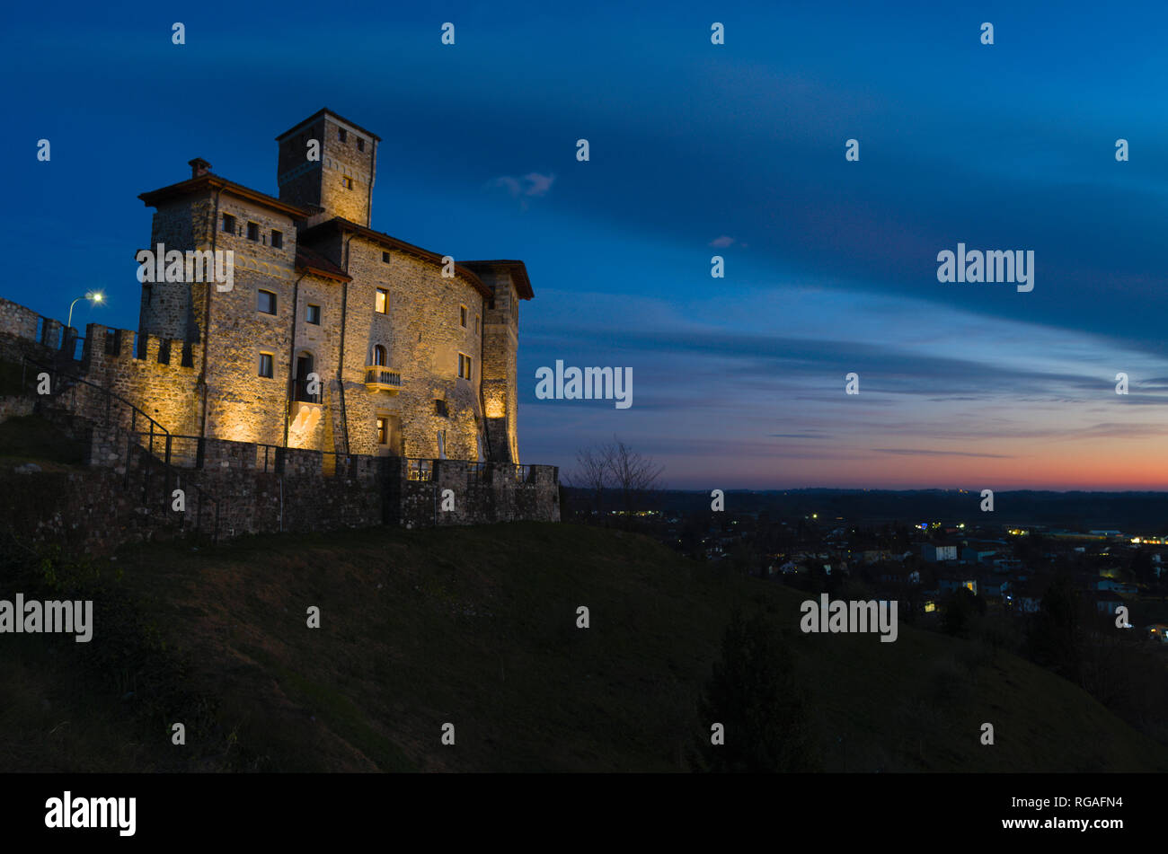 View of the Savorgnan’s Castle in Artegna, Friuli, after the sunset (blue hour) Stock Photo