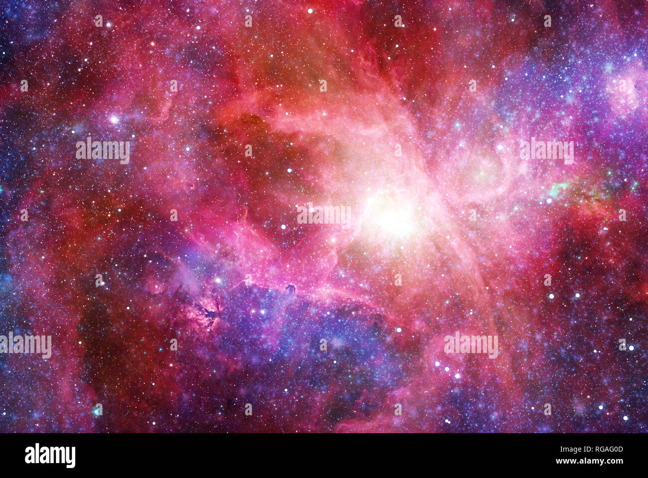 space background created composing various images, resembling a nebula in red blue and purple Stock Photo