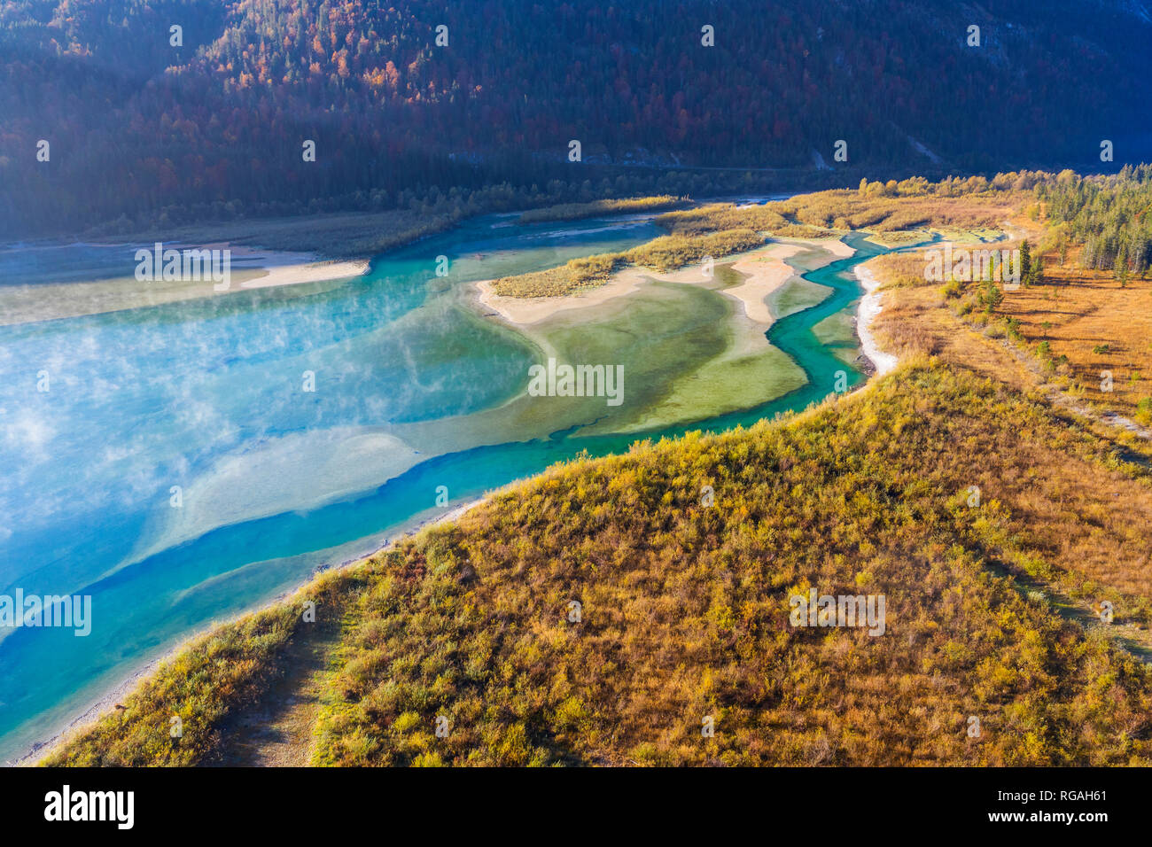 Germany, Lenggries, Isarwinkel, Aerial view of Isar river, at tributary into Sylvenstein Dam in autumn Stock Photo