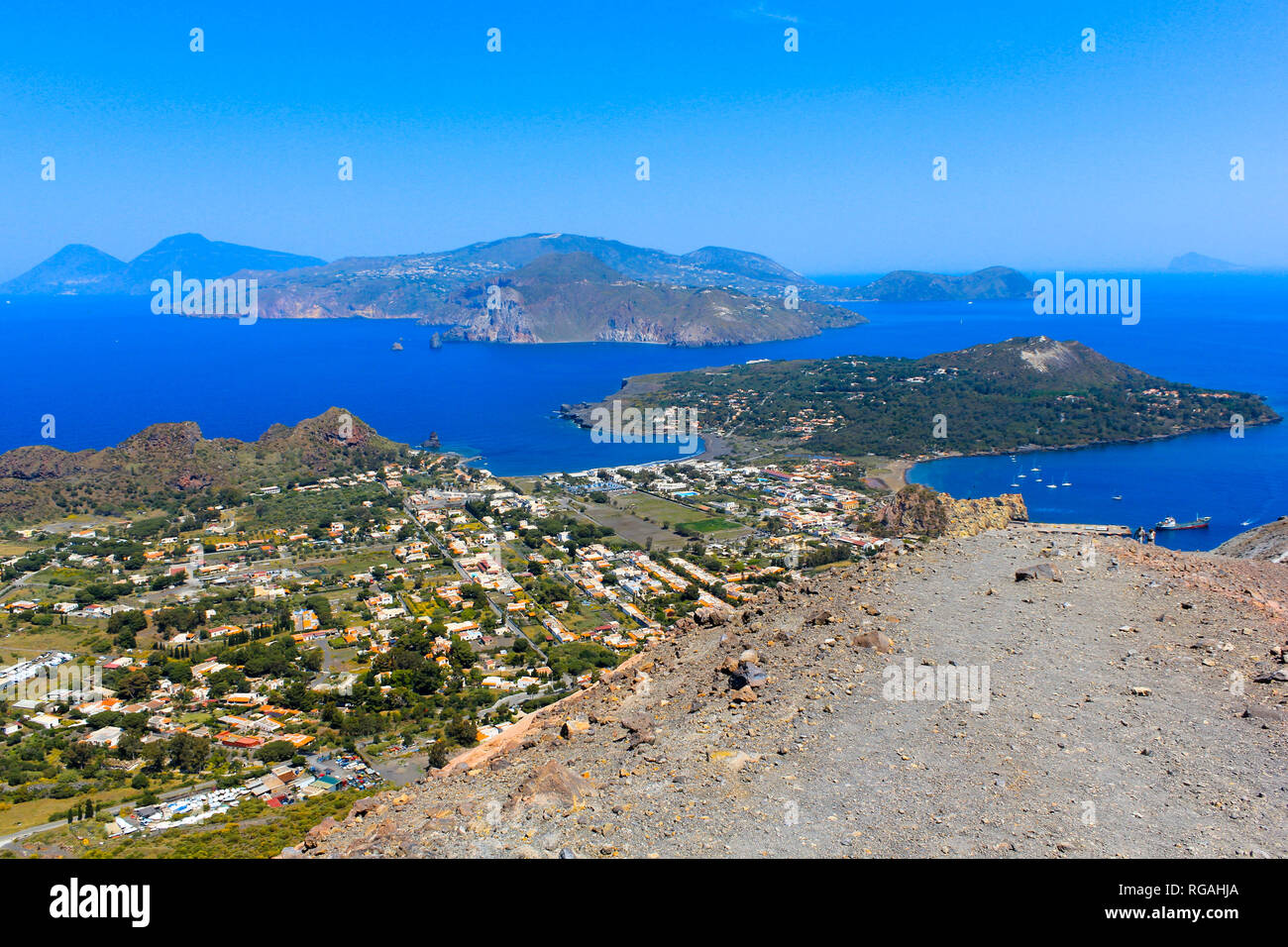 View on top of Vulcano Island to Lipari and Salina Island of the Aelian Islands, Italy on a summer day with blue sky Stock Photo