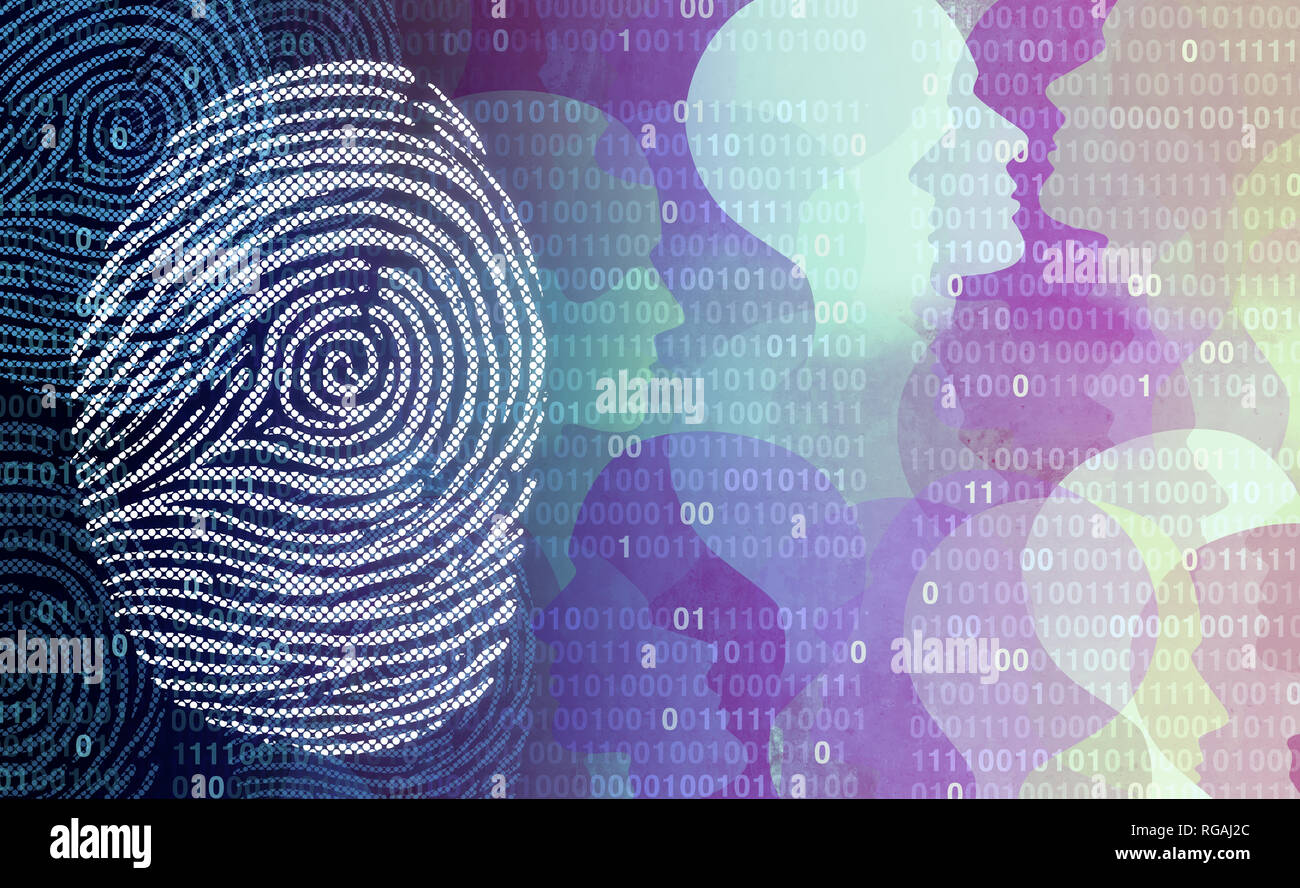 Privacy data security user private user information as an abstract personal profile technology with a personal finger print as a social media. Stock Photo