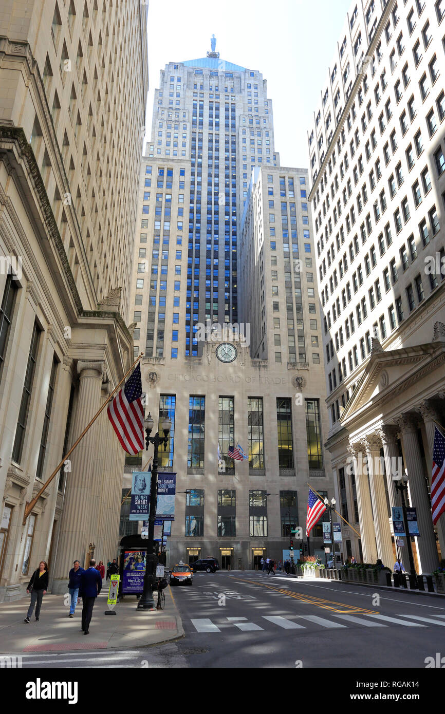 The view of Chicago Board of Trade on Jackson Boulevard from La Salle Street with Federal Reserve Bank to Right.Chicago, IL.USA Stock Photo