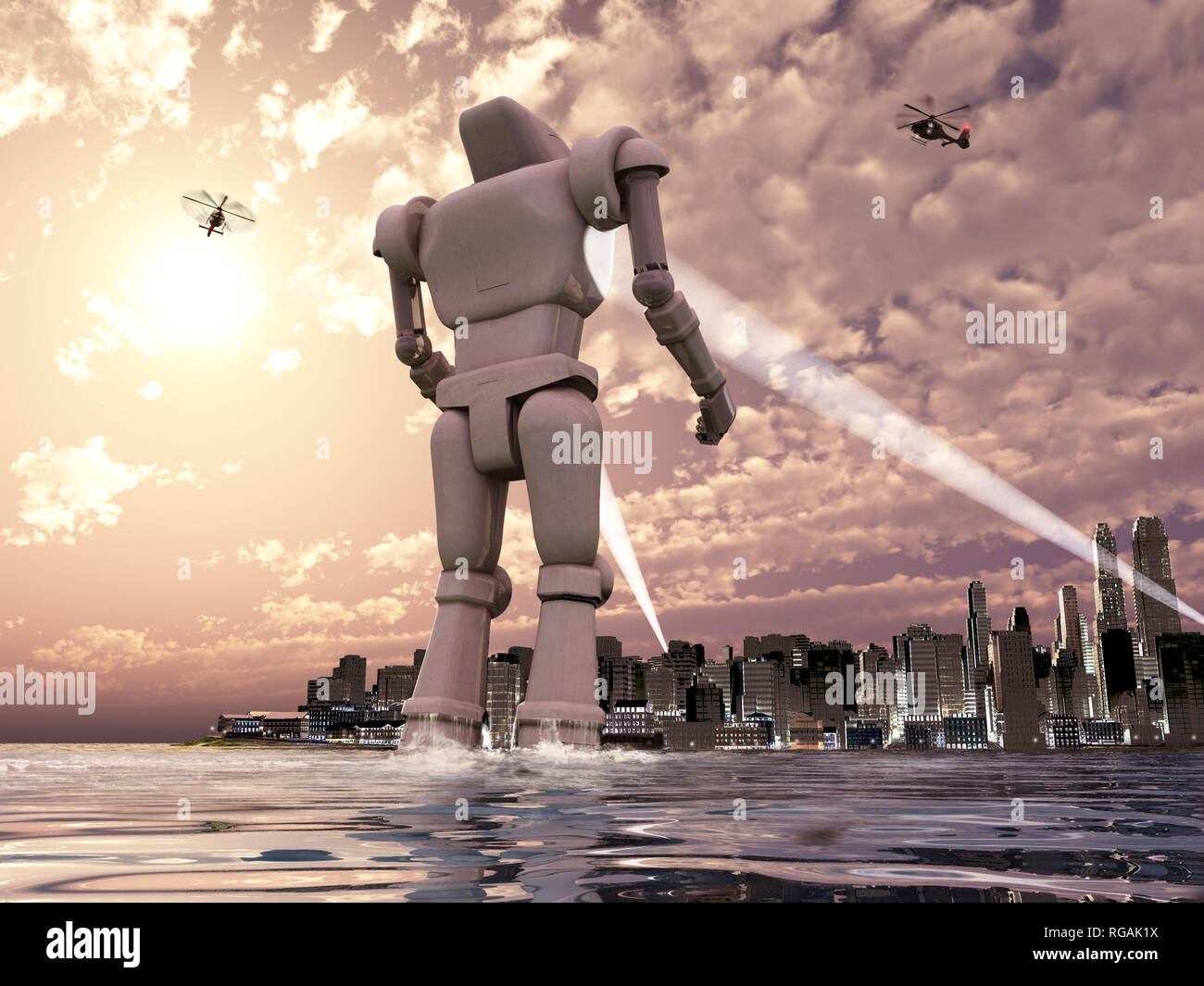 flydende screech craft Giant robot attack hi-res stock photography and images - Alamy