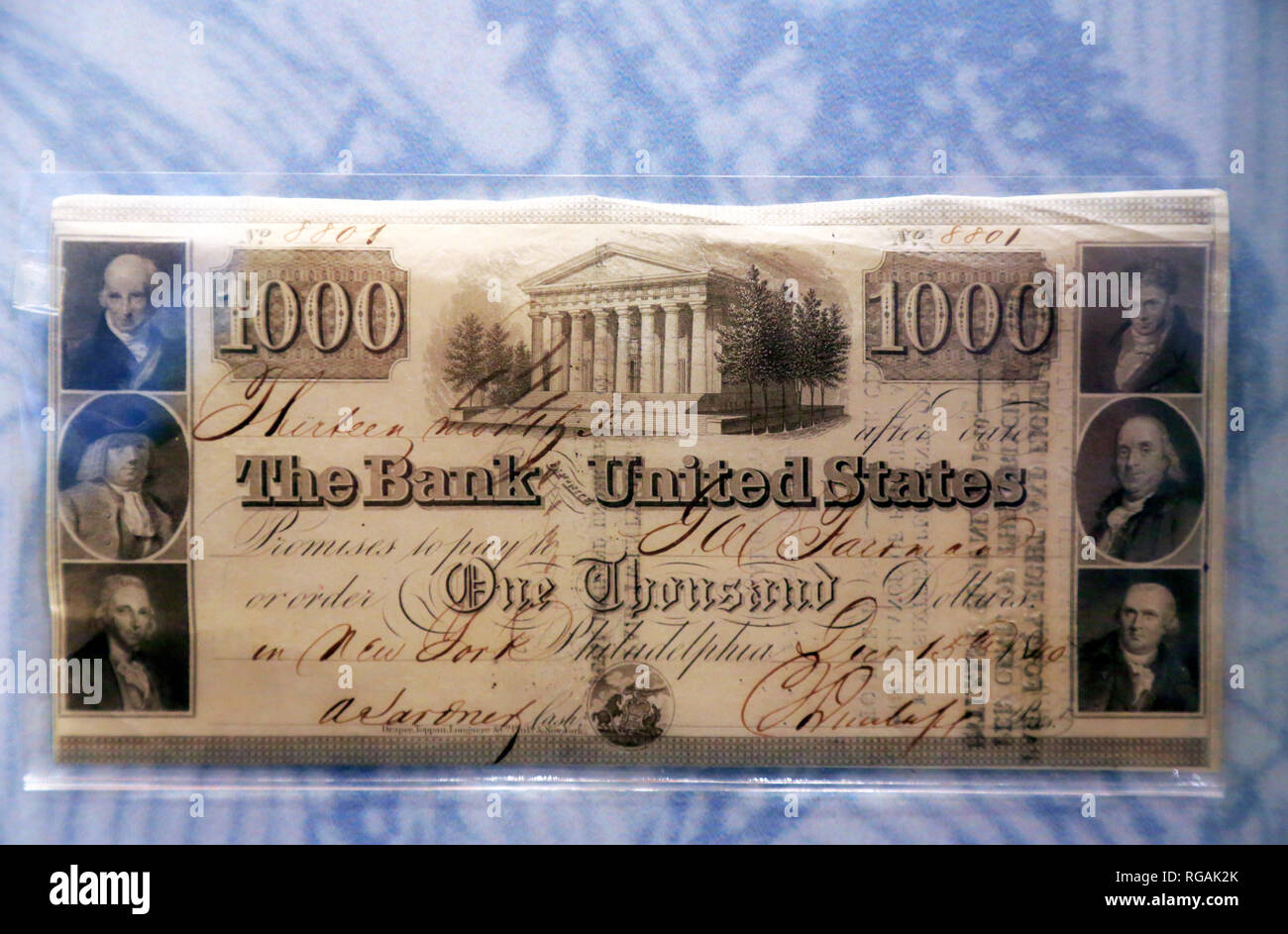 A historical 1000 US dollars paper currency display at Money Museum in Federal Reserve Bank of Chicago. Illinois.USA Stock Photo