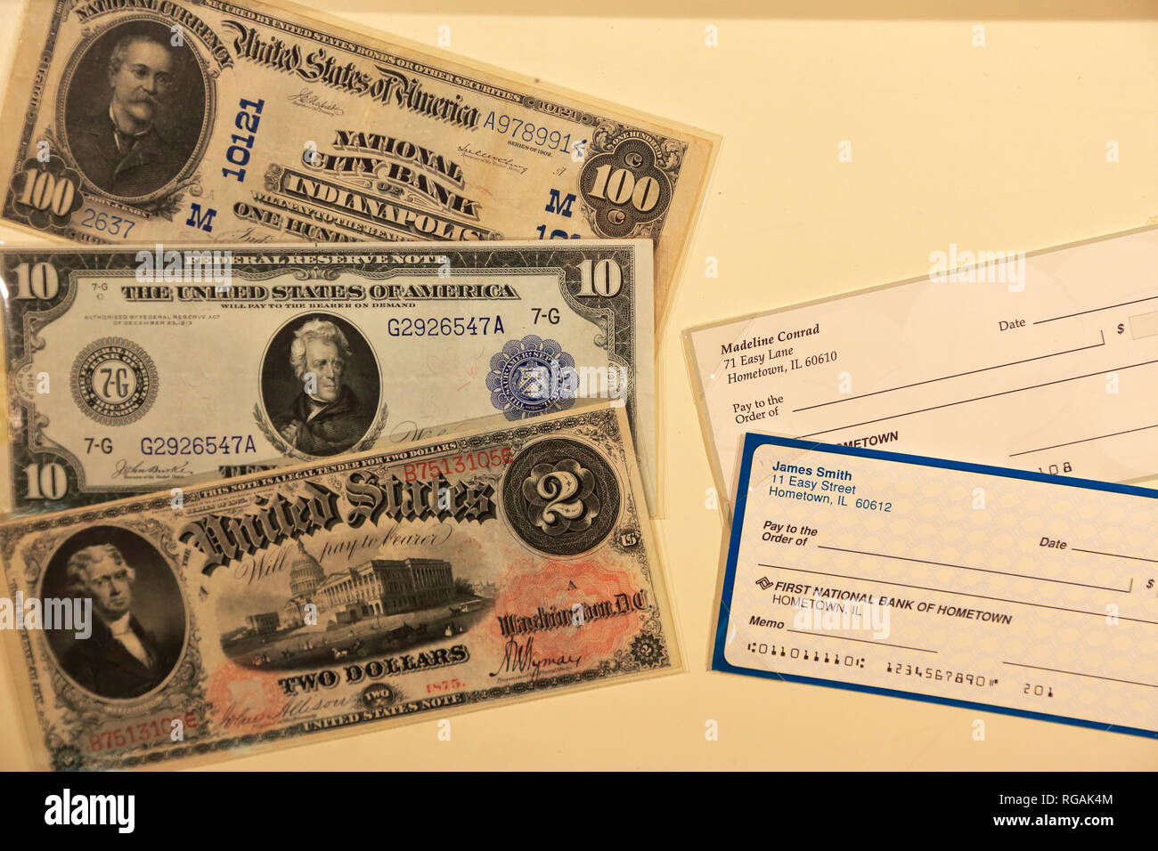 Historical US paper currency and checks display at Money Museum in Federal Reserve Bank of Chicago. Illinois.USA Stock Photo