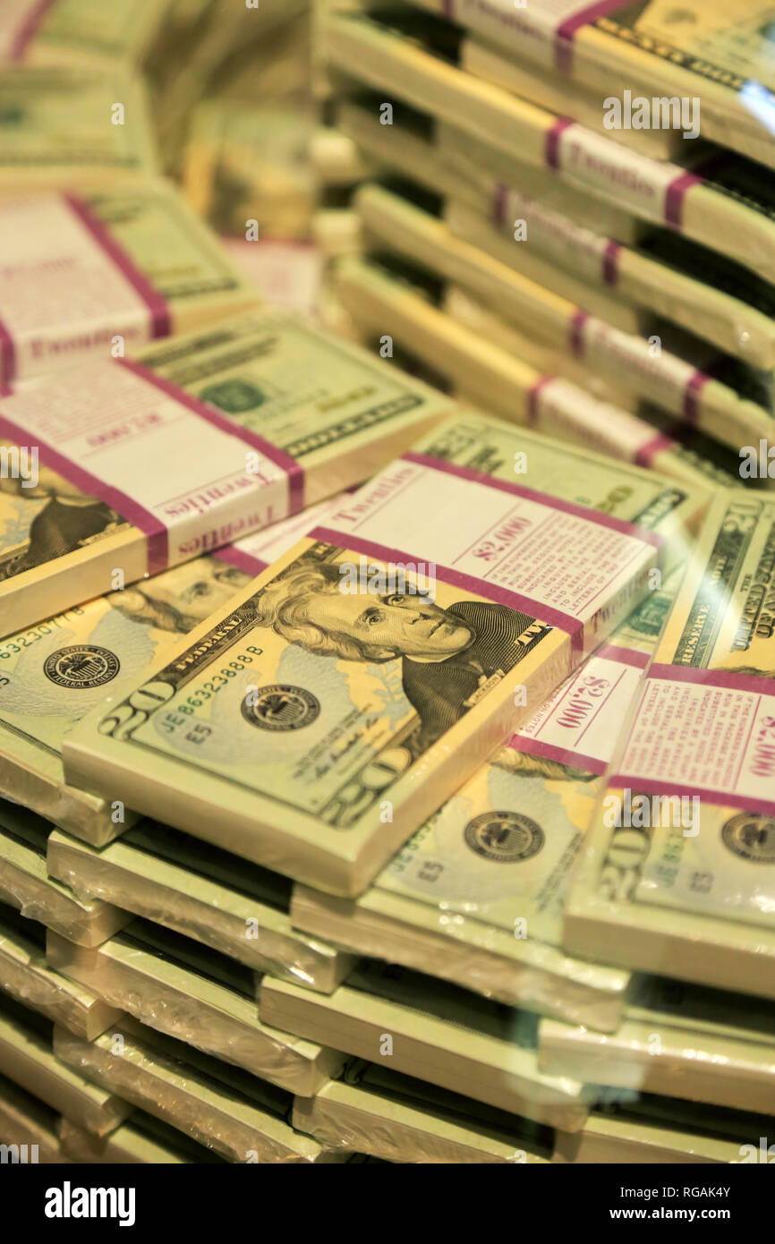 20 dollar bills in a 2000 dollar bills bundle display at Money Museum in Federal Reserve Bank of Chicago. Illinois.USA Stock Photo