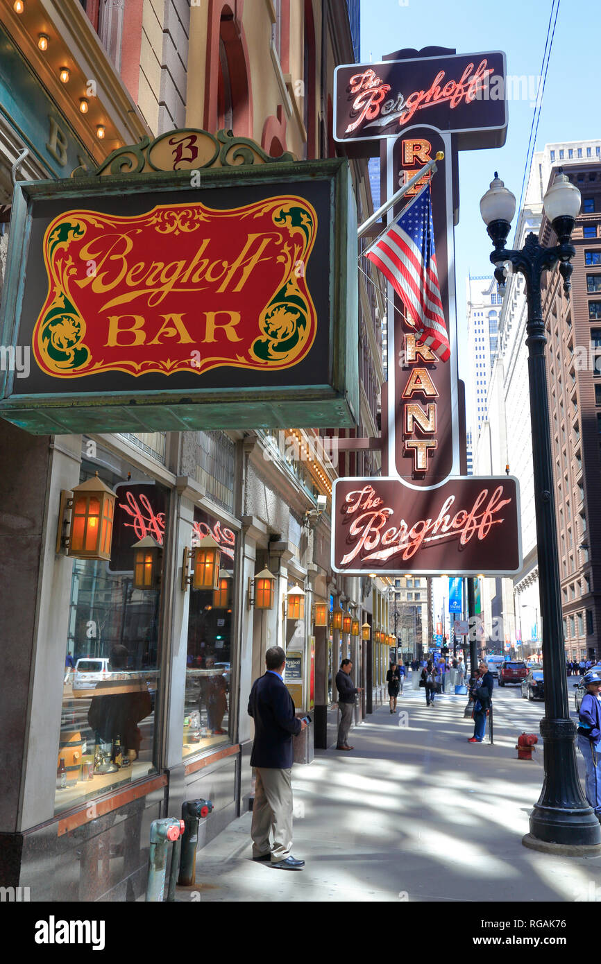 Historic the Berghoff restaurant with neon signs on West Adams Street.Chicago Loop.Illinois.USA Stock Photo