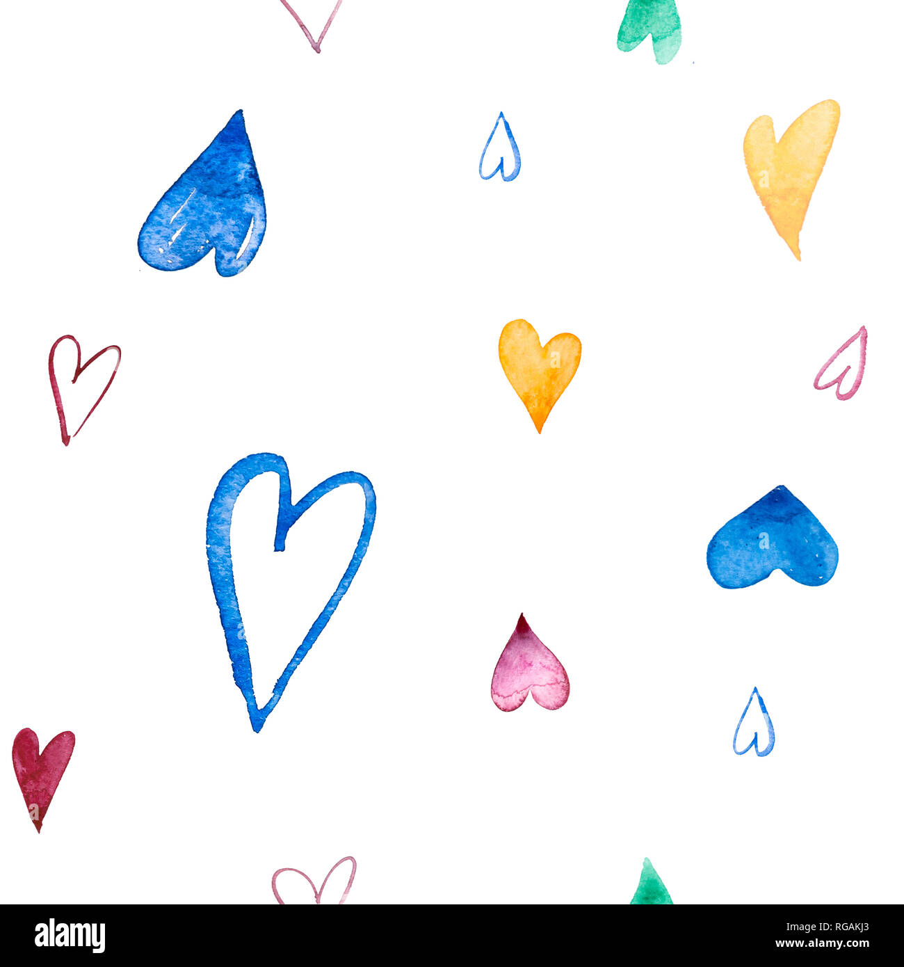 Samless pattern with hand painted watercolor hearts on white background ...