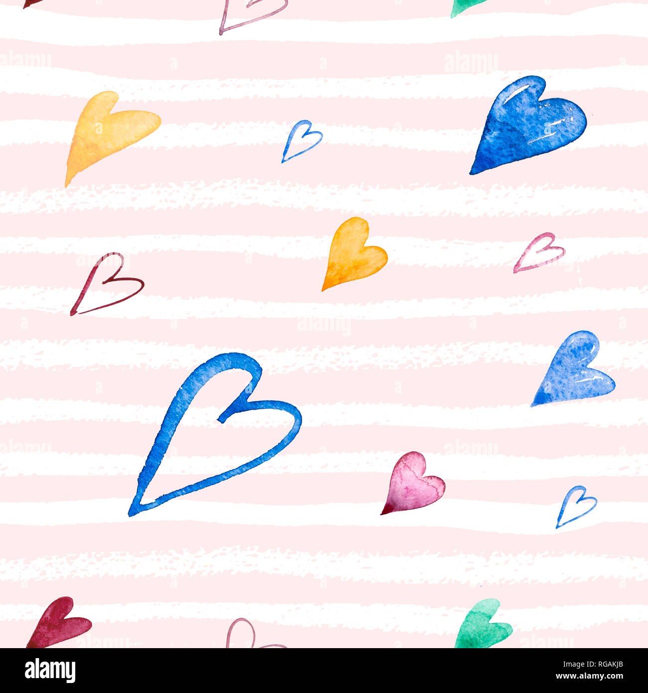 Seamless pattern with hand painted watercolor hearts on pink striped ...