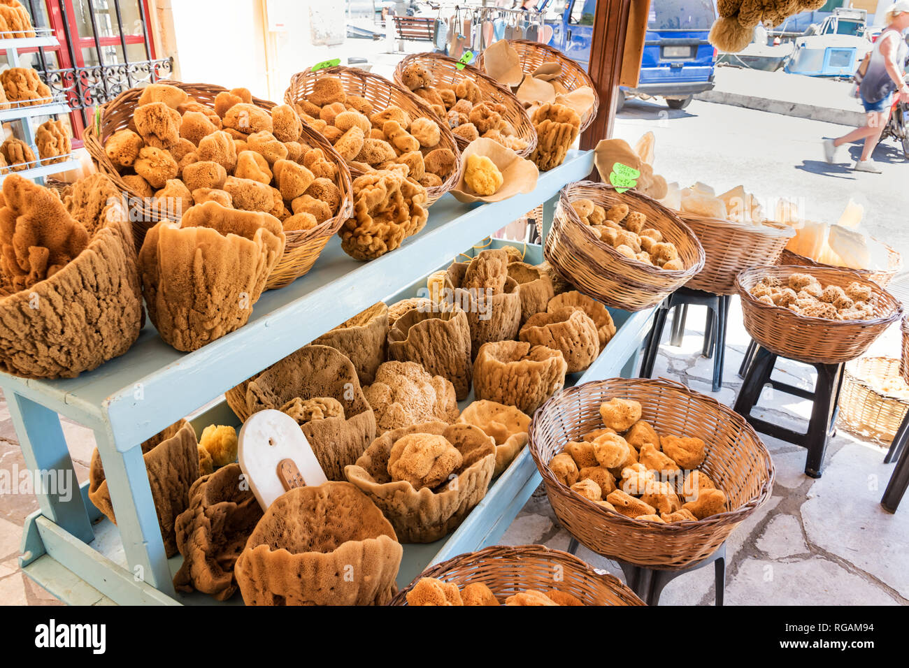 Sea sponge on display in street shop on Symi island (Rhodes, Greece) Stock Photo