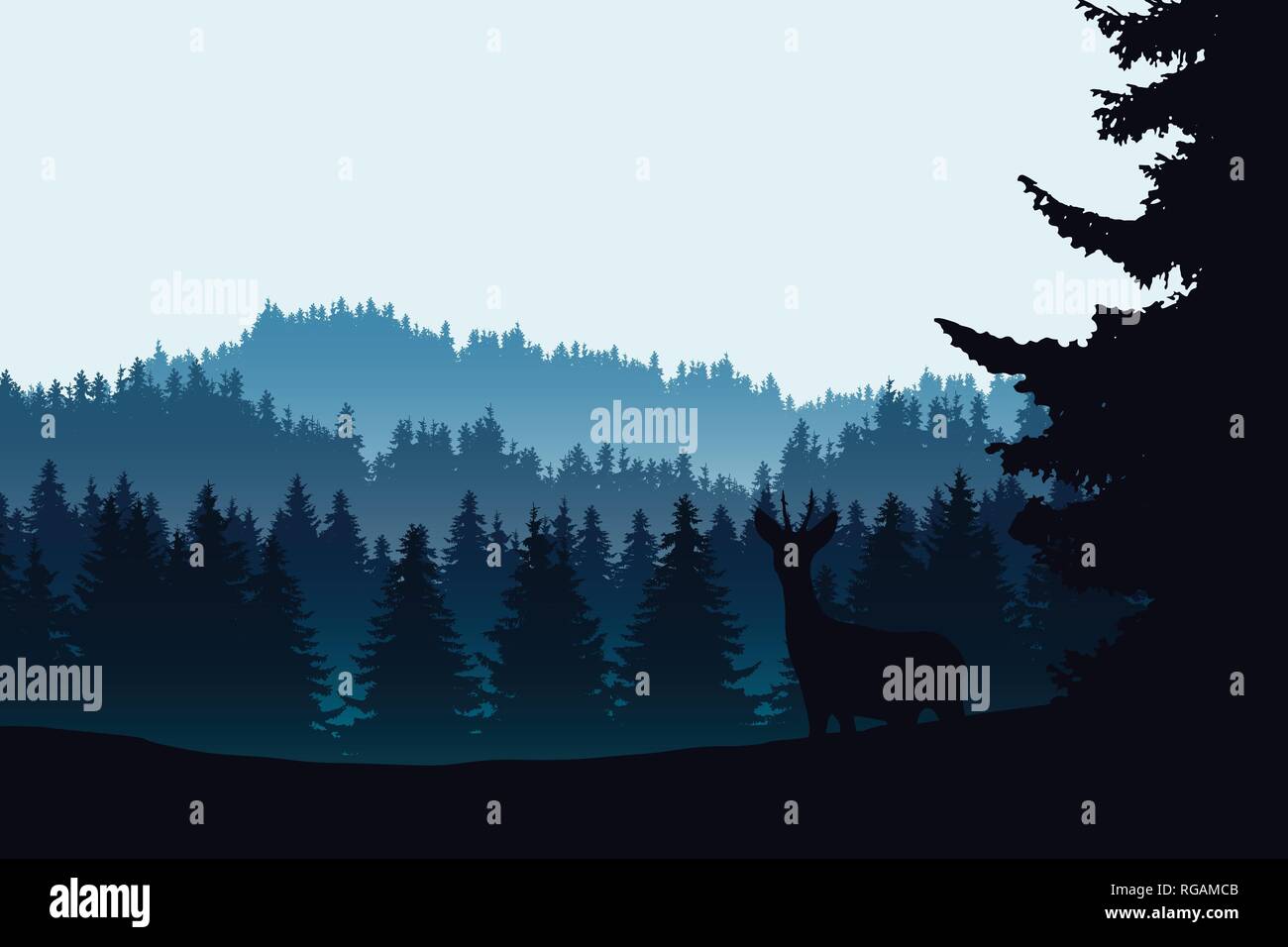 Realistic illustration of mountain landscape with coniferous forest and ...