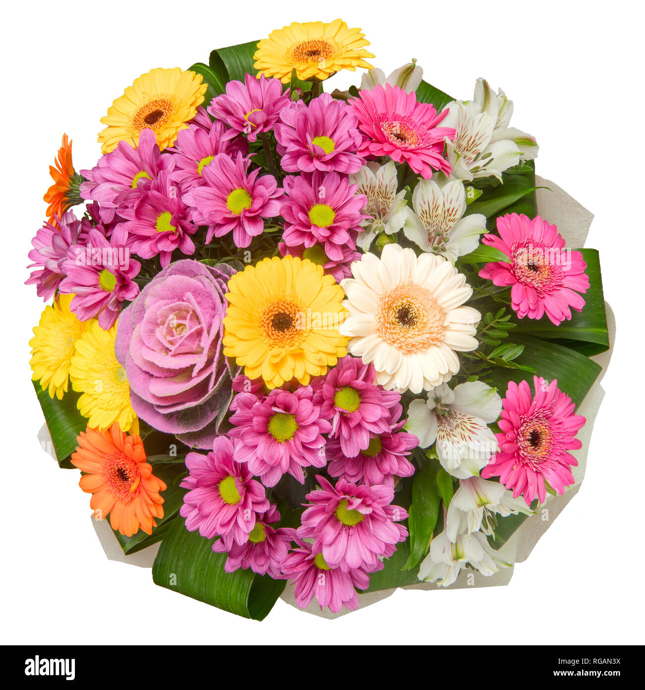 Colorful flower bouquet with chrysanthemums, gerbera daisies and ornamental cabbage isolated on white background. Stock Photo