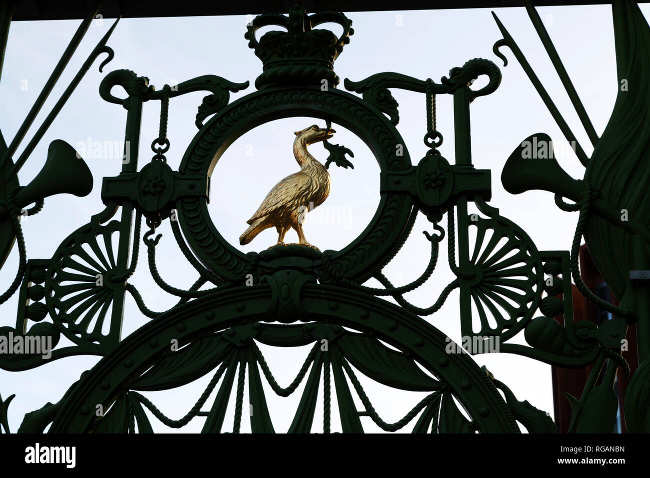 A Liver Bird on wrought iron gates in Liverpool, England. The mythical creature is a symbol of the city. Stock Photo