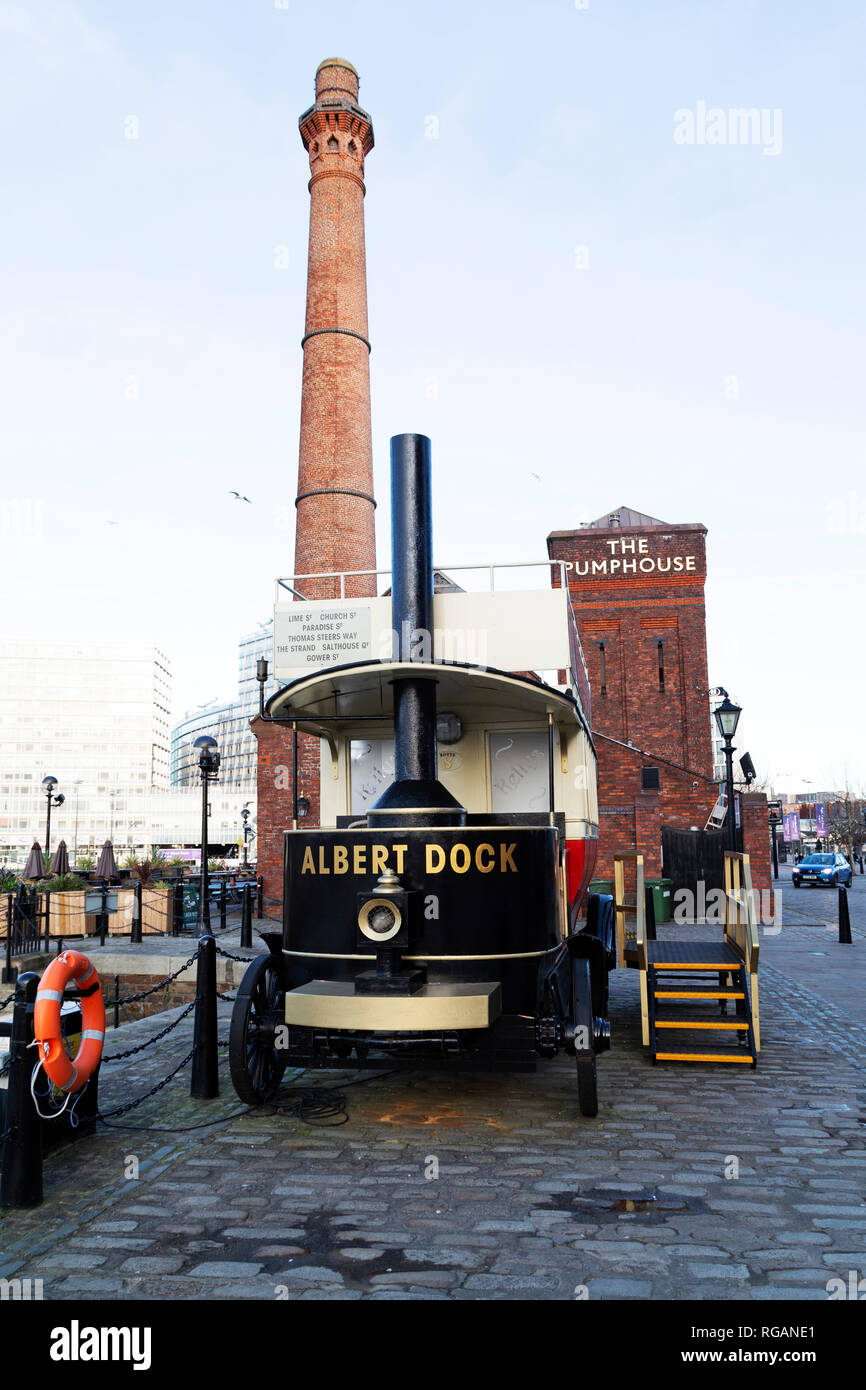 A steam engine at the Royal Albert Dock in Liverpool, England. The