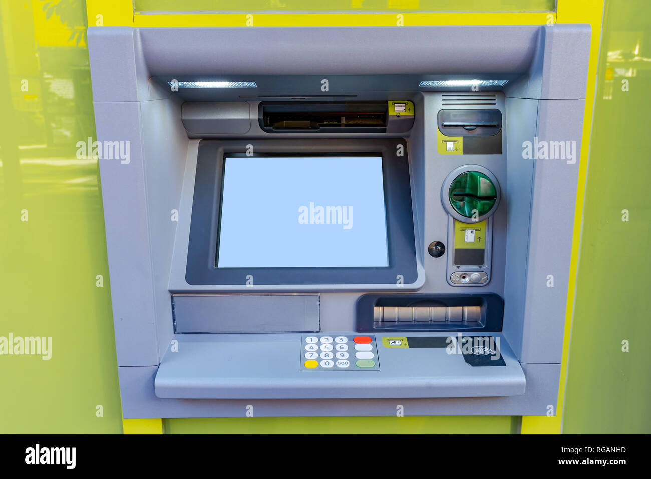 ATM machine. Cash withdrawal from ATM. Clean screen, put your text there. Template. Stock Photo