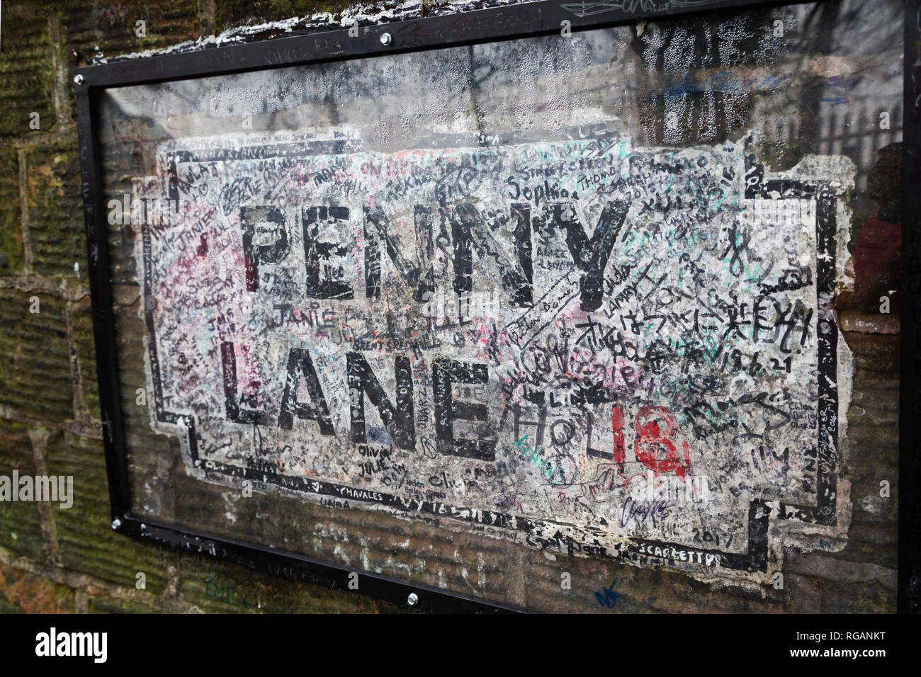 Penny Lane sign in Liverpool, England. The sign is a stop on Beatles sightseeing tours of the city. Stock Photo