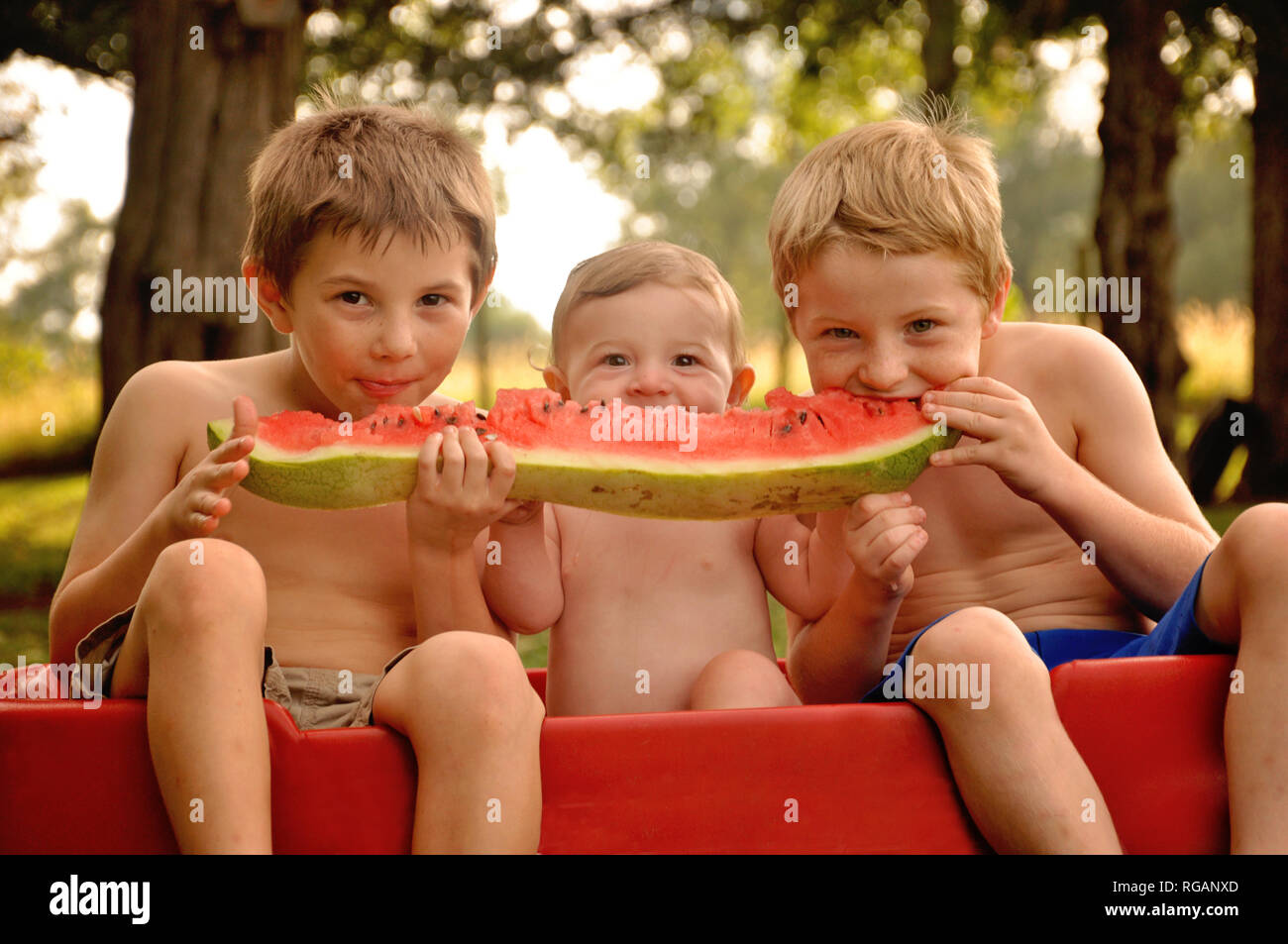 three boys eating huge piece of watermelon Stock Photo