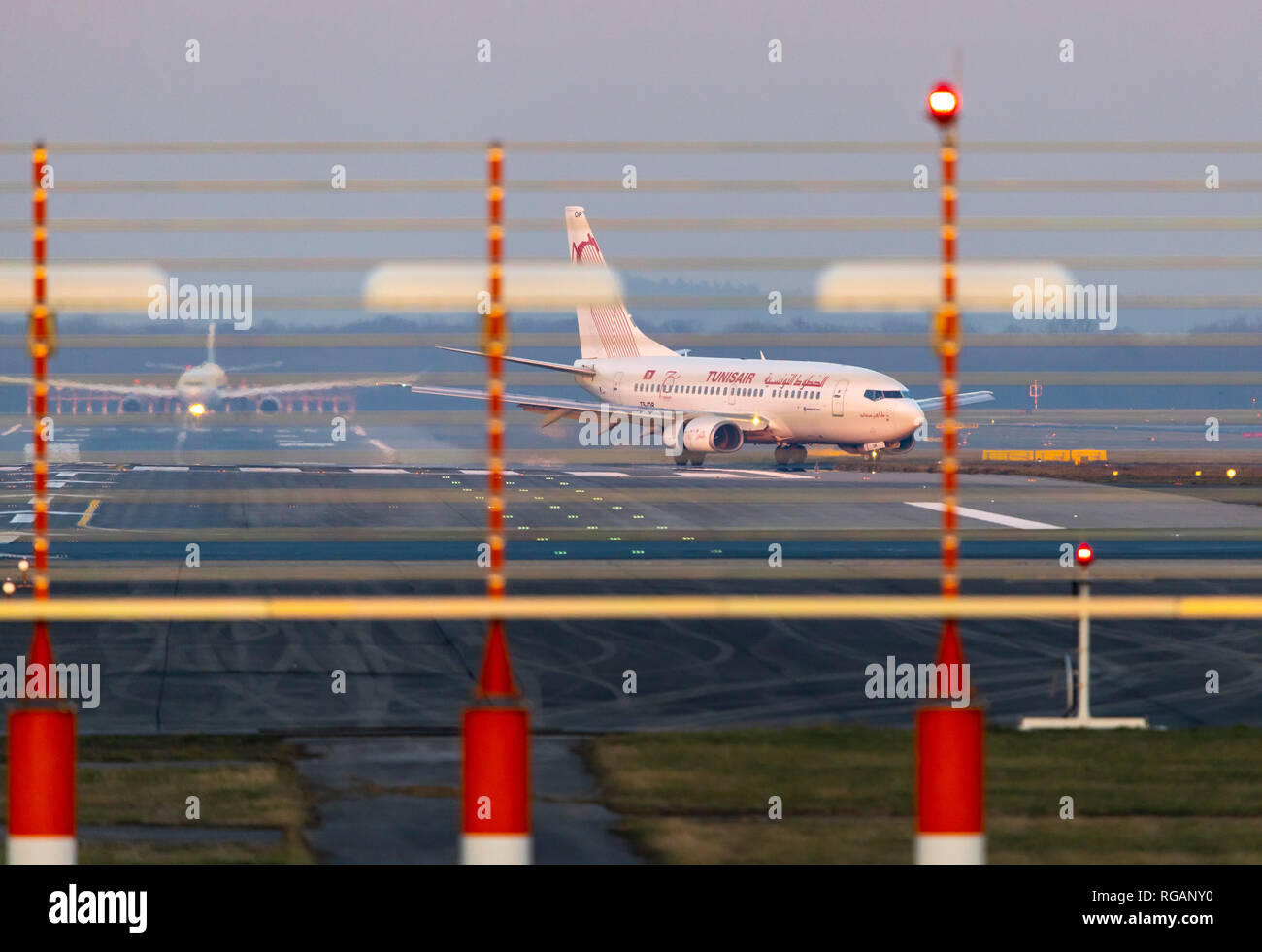 Airport Duesseldorf International, DUS, Germany, Tunisair, Boeing 737, on taxiway, Stock Photo