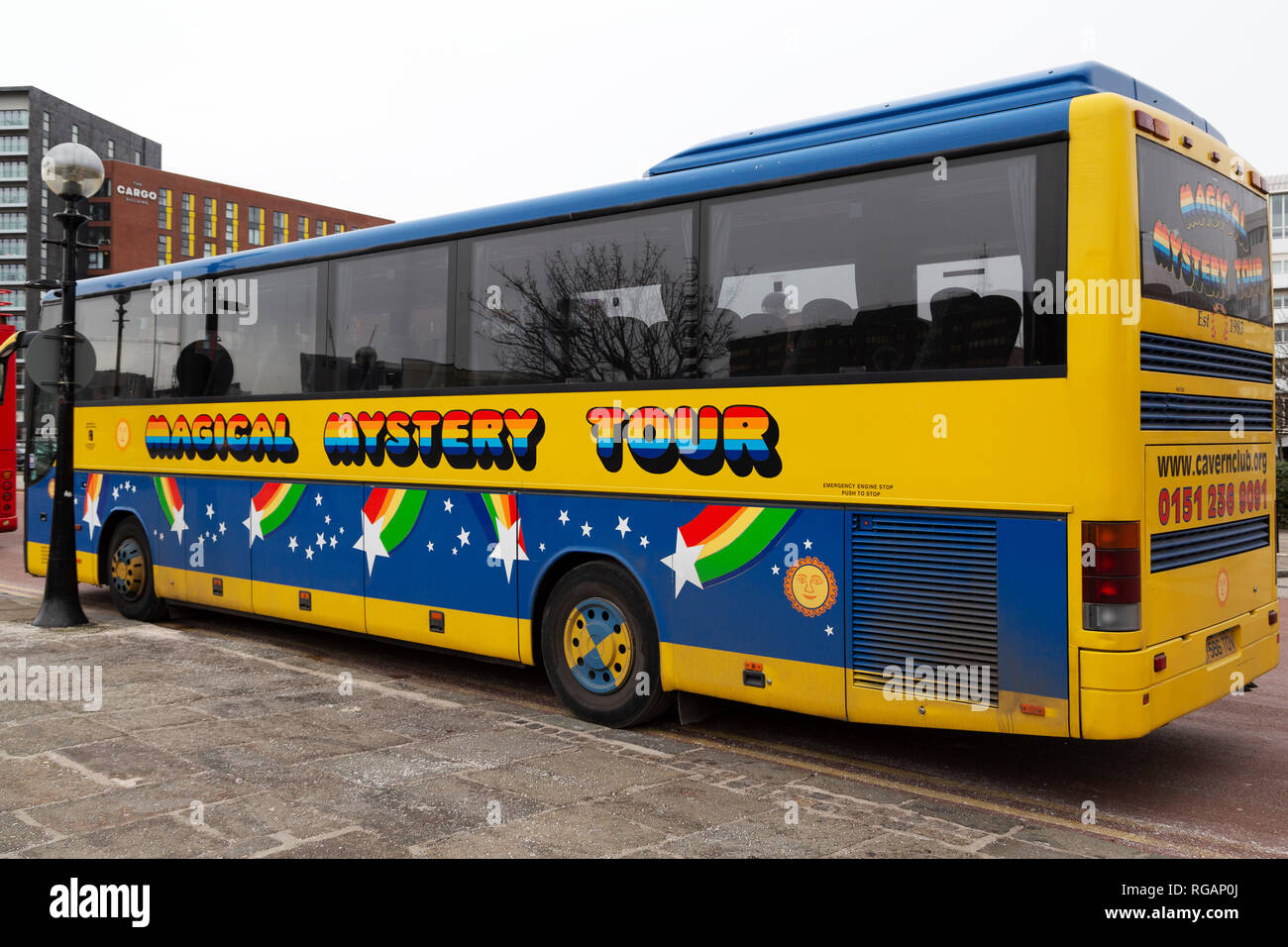 The Magical Mystery Tour bus in Liverpool, England. The bus tour takes participants to locations associated with The Beatles in Liverpool. Stock Photo