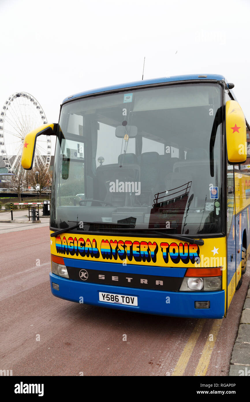 The Magical Mystery Tour bus in Liverpool, England. The bus tour takes  participants to locations associated with The Beatles in Liverpool Stock  Photo - Alamy