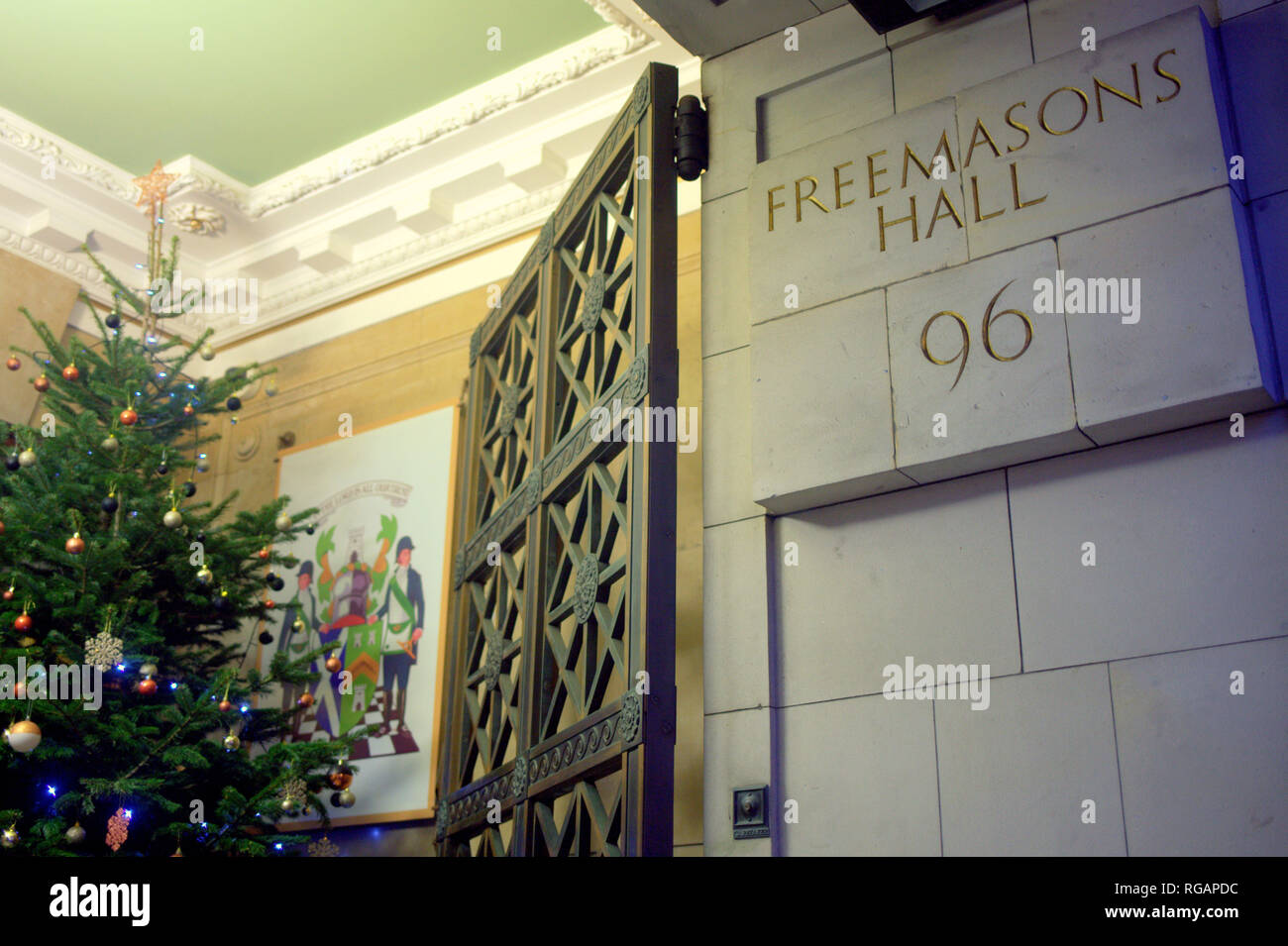 Entrance from street with Christmas tree Freemasons Hall 96 George St, Edinburgh EH2 3DH Stock Photo
