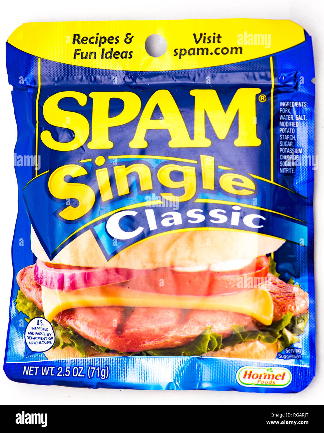 A Spam Single Classic slice packaged in a sealed pouch, a single serving of  processed pork Stock Photo - Alamy