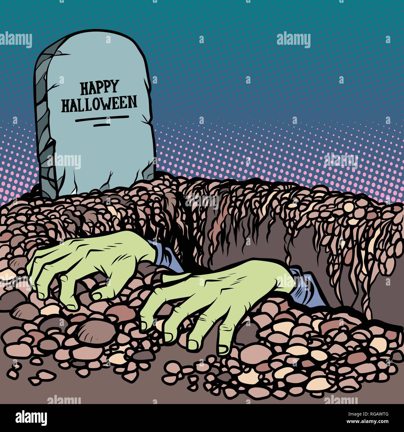 zombie hands happy Halloween grave Stock Vector