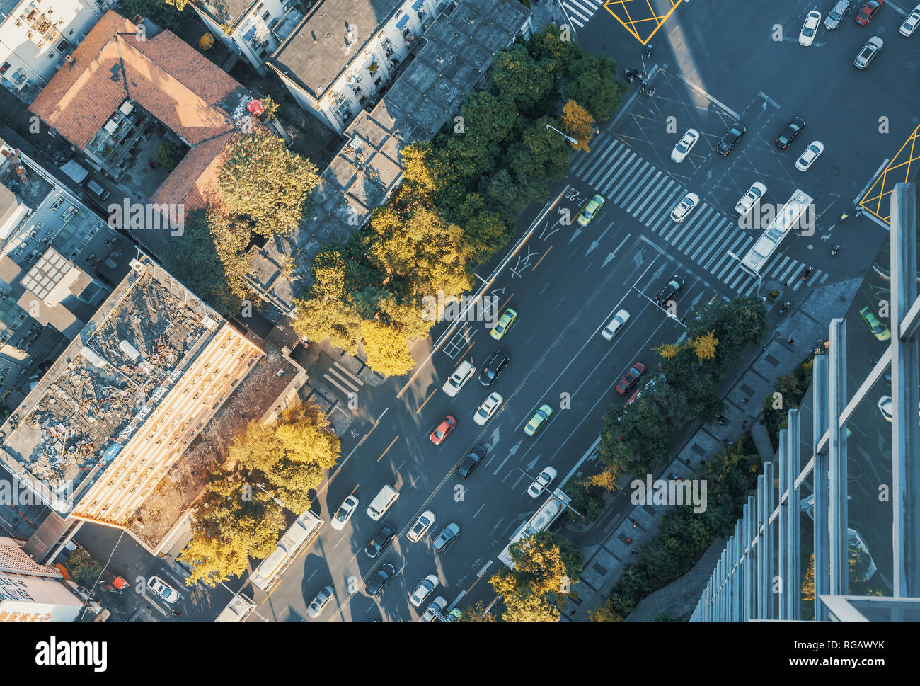 Traffic on a urban highway drone view in Chengdu, China Stock Photo